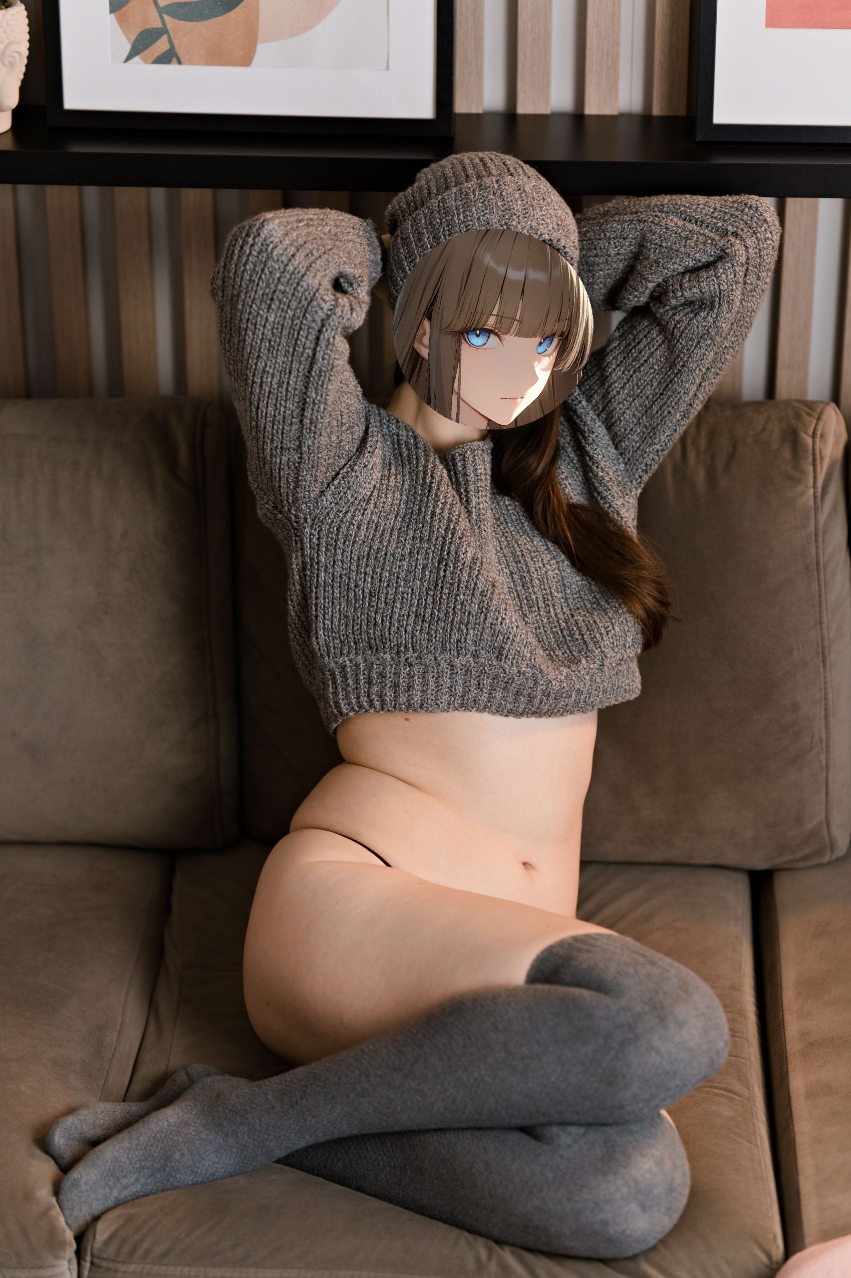 Gray Knitted Sweater with Kneesocks and Black Thong image 4