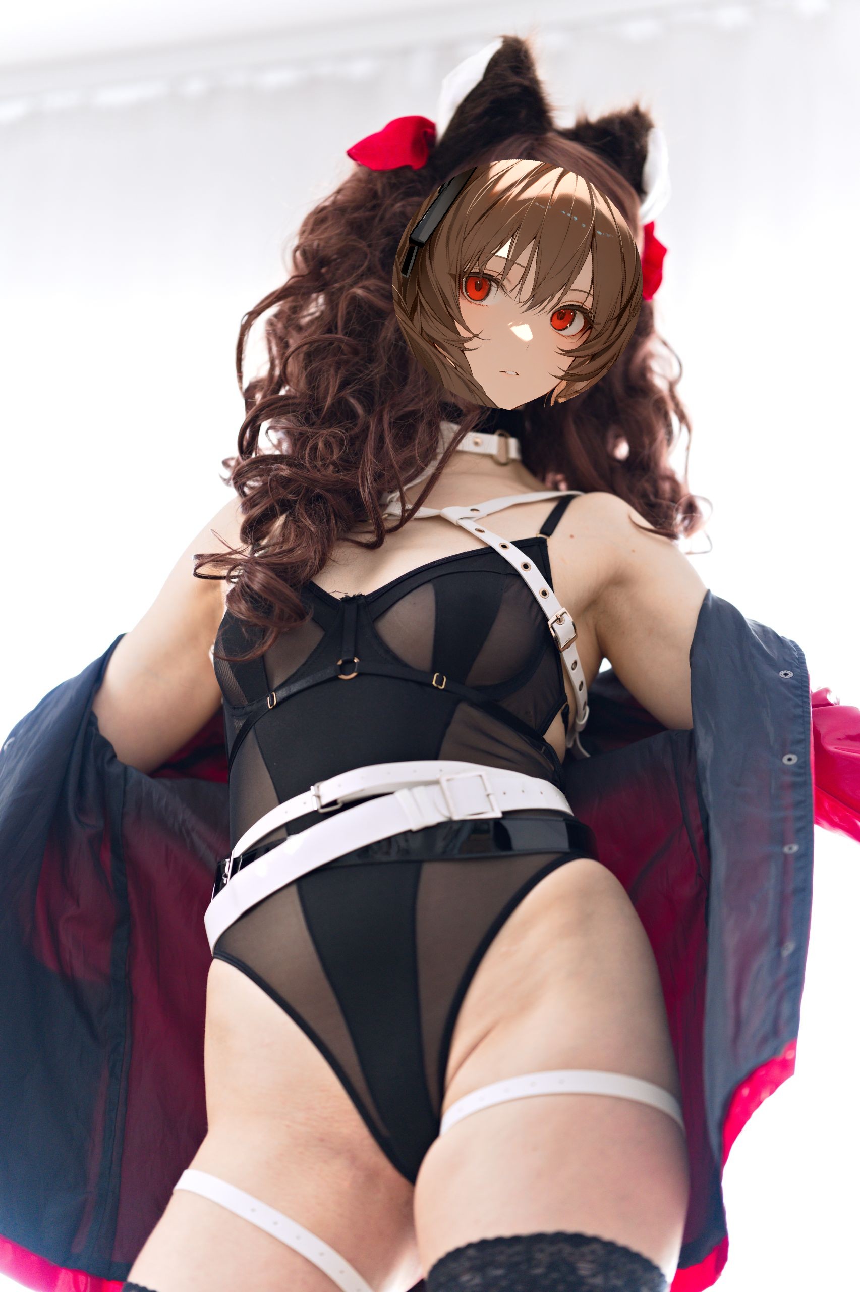 Shizuka Kawa cosplaying as Angelina from Arknights dressed in a black mesh leotard with white belts and a leather harness. Photo taken from below, with her legs and arms spread wide, showcasing her crotch, inner thighs and leotard. A white belt wraps around her waist, and her breasts are pushed up by the harness. She wears cat ears with a pair of red ribbons on her twintails.