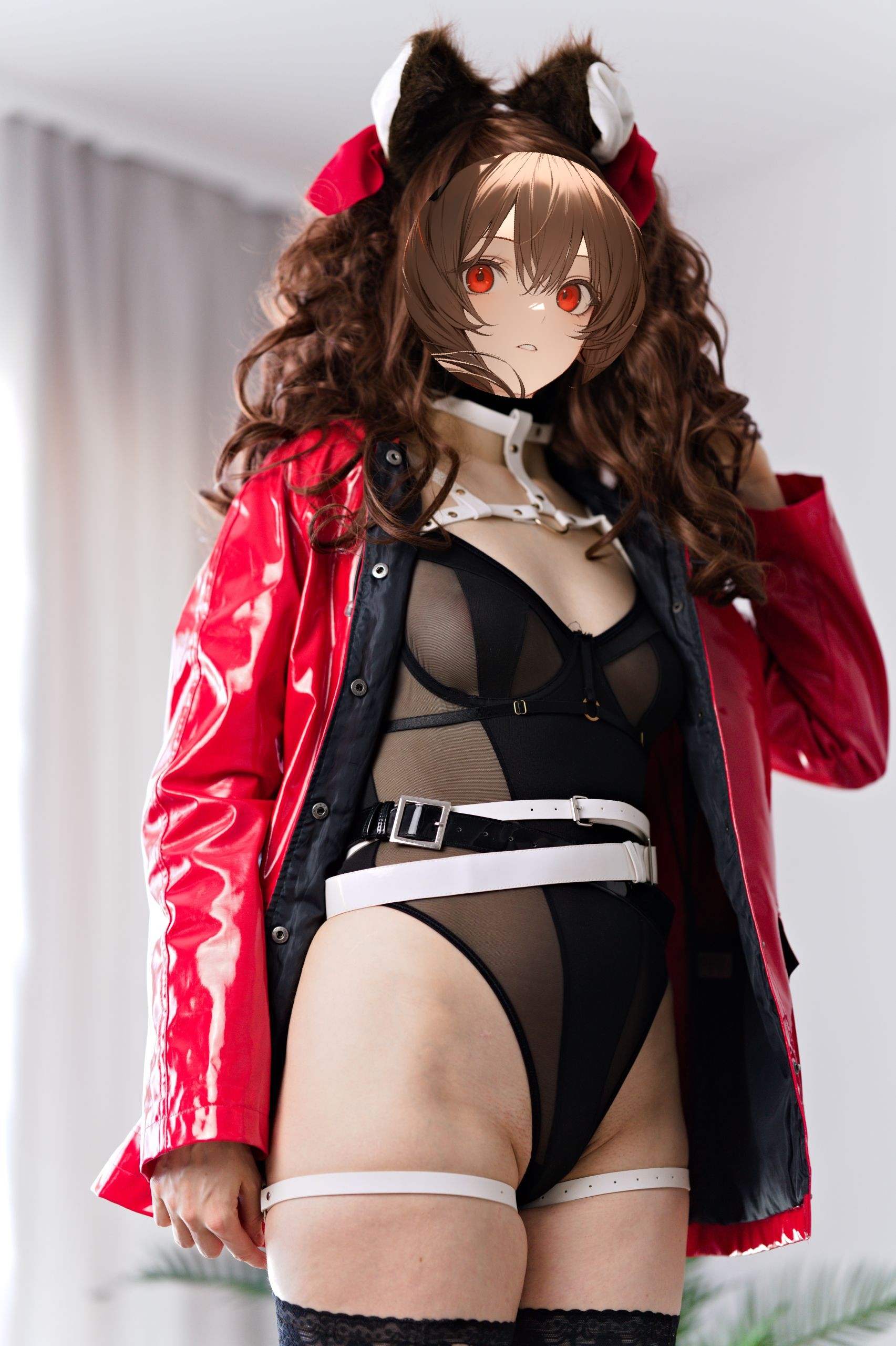 Shizuka Kawa cosplaying as Angelina from Arknights dressed in a black mesh leotard and multiple black and white belts and harnesses. She stands facing the camera, while playing with her hair. She's wearing a red faux leather coat draped over her shoulders with naked skin and black leotard visible underneath. A white choker and cat-ear hood are visible, focus on cleavage and bare hip bone.