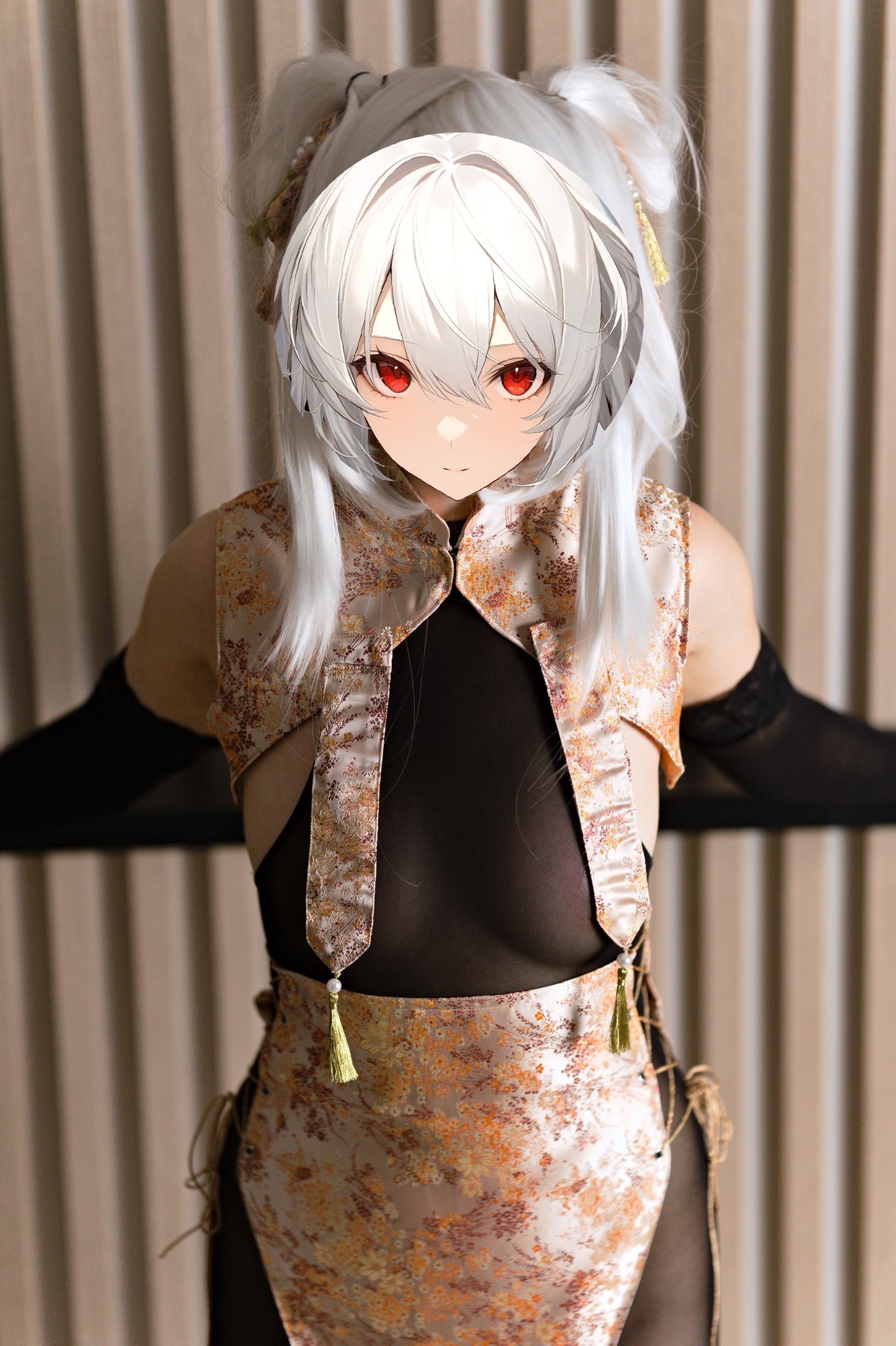 Shizuka Kawa cosplaying as Sirius from Azur Lane dressed in a floral print qipao over a black bodystocking with long black gloves. She stands facing forward with her arms out to the sides, showcasing the contrast between the silk-like fabric and the sheer texture of the bodysuit.