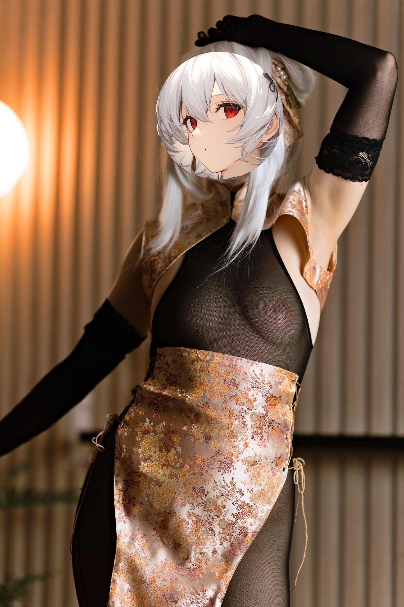 Shizuka Kawa cosplaying as Sirius from Azur Lane dressed in a sheer black bodystocking with a gold-flecked qipao apron and long black gloves. She stands facing forward with one hand raised to her head, highlighting bandaids placed on her nipples poking through the sheer fabric.