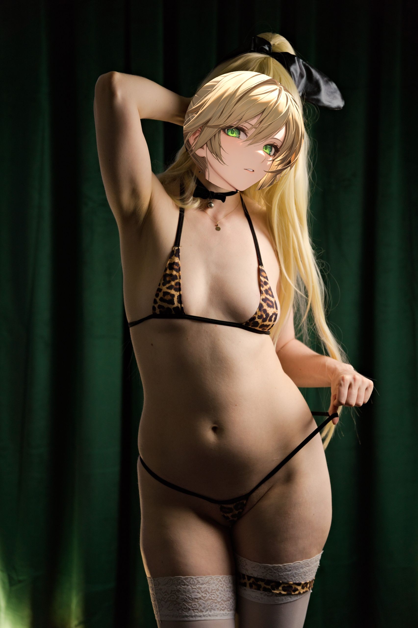 Shizuka Kawa cosplaying as a blonde gyaru Rupee from Nikke in leopard print micro bikini and white lace-trimmed stockings. Standing up and facing the viewer while lifting up her arm, showcasing her armpit and tugging on her panties with the other hand. Focus on micro bikini and pantyline.