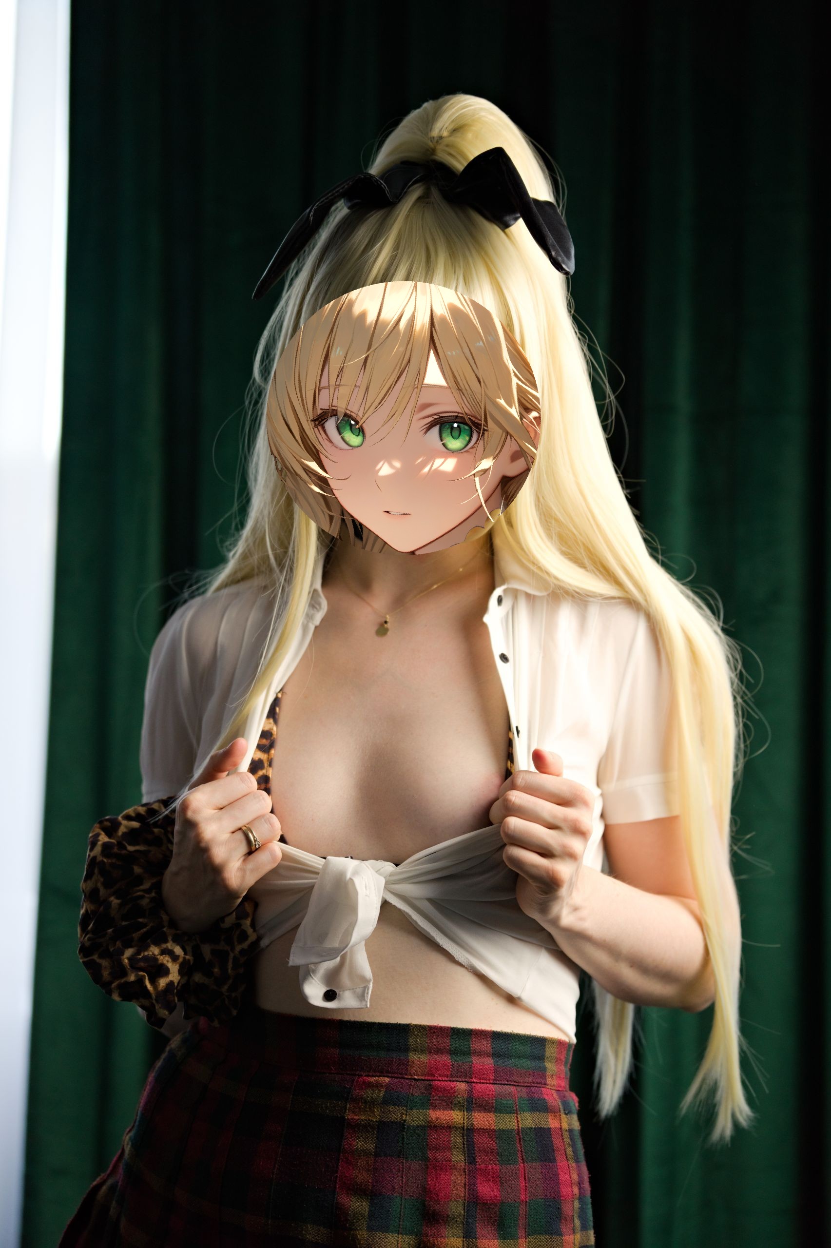 Shizuka Kawa cosplaying as Rupee from Nikke dressed in a white button-down shirt tied at the chest, a leopard print micro bikini, and a plaid skirt. She tears the shirt open to expose her breasts.