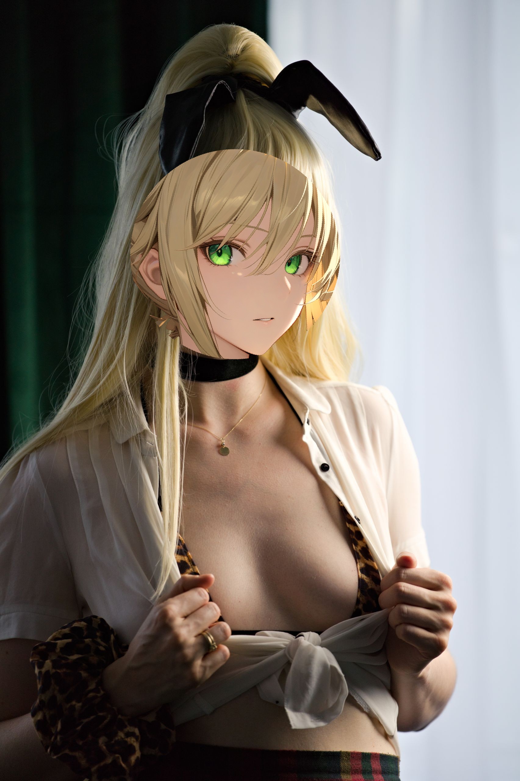 Shizuka Kawa cosplaying as a blonde gyaru Rupee from Nikke in sheer shirt, plaid skirt and leopard print micro bikini. Bust closeup of her unbuttoned shirt, revealing skipmy bikini top underneath. Focus on clevage and black choker.