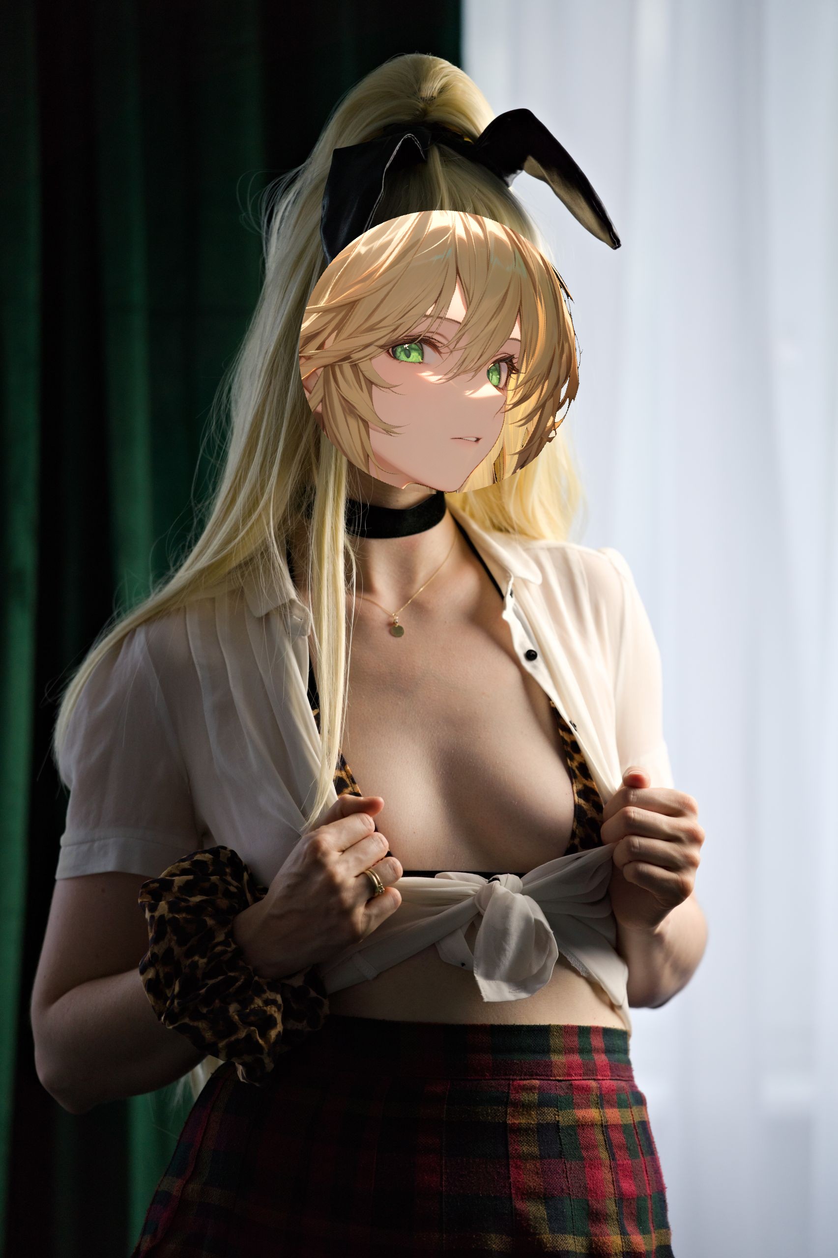 Shizuka Kawa cosplaying as Rupee from Nikke dressed in a leopard print micro bikini, white collared button-down shirt tied at the waist, and a plaid skirt. She is holding the edges of her open shirt to reveal her breasts.