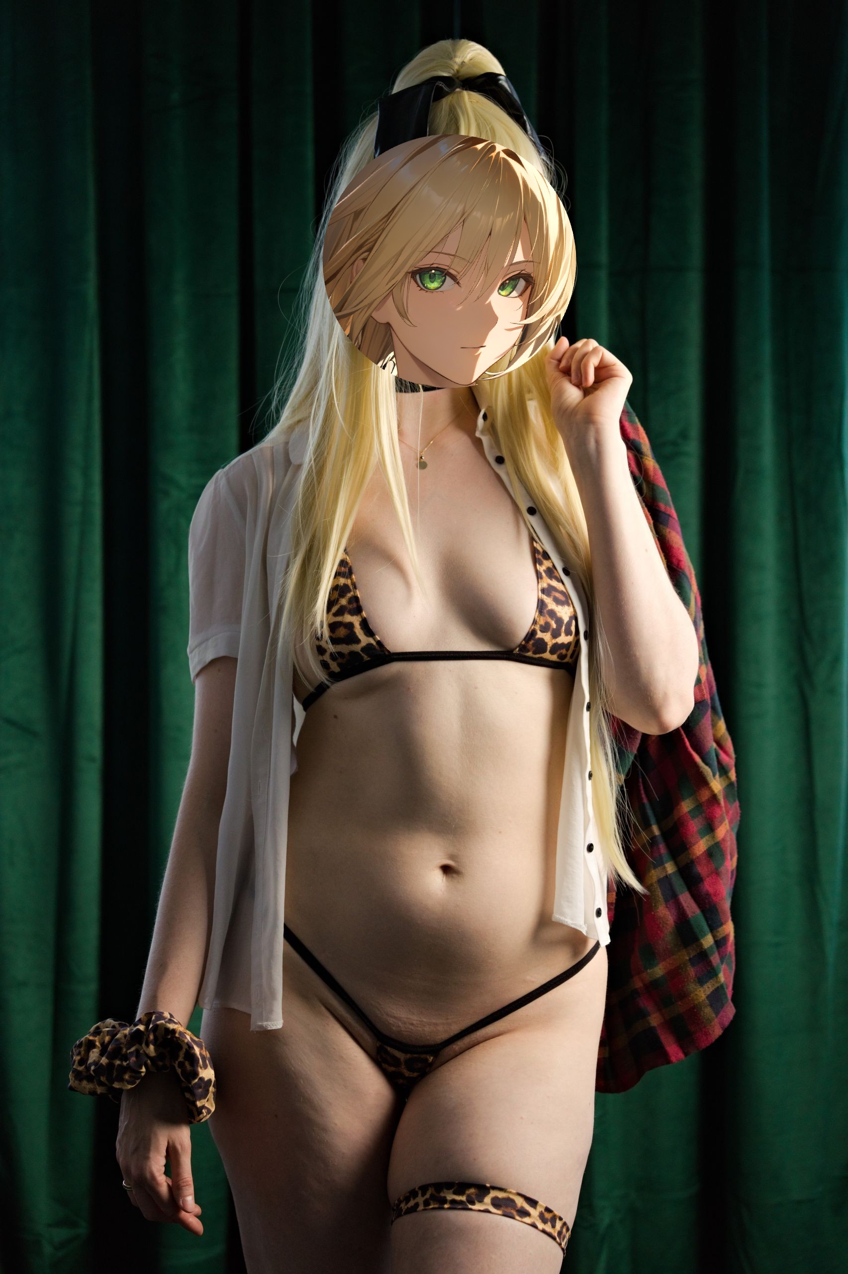Shizuka Kawa cosplaying as Rupee from Nikke dressed in a leopard print micro bikini with an open white short-sleeved shirt and a plaid flannel shirt draped over her shoulder. She stands facing forward, showcasing her stomach and breasts.