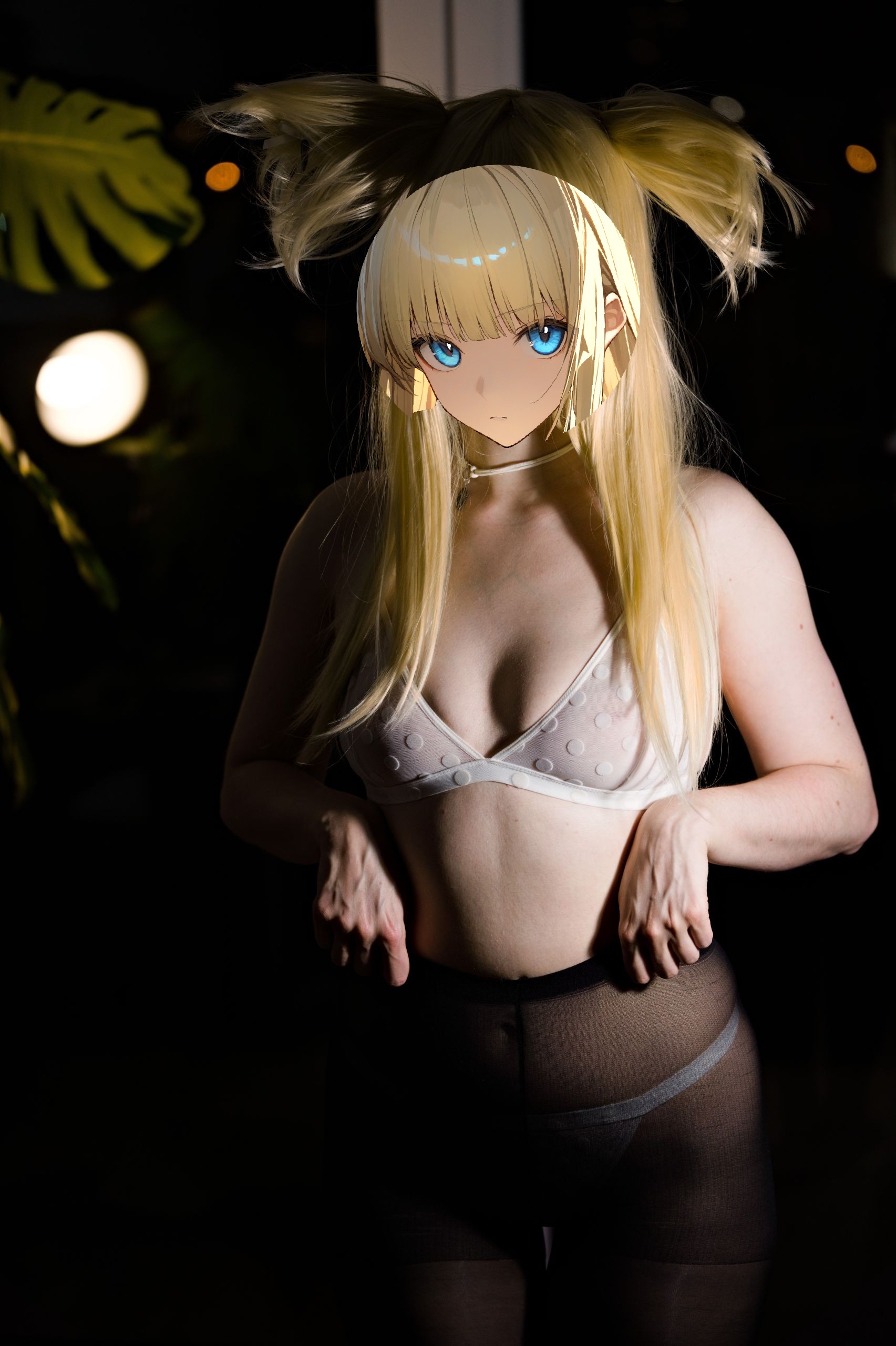 Shizuka Kawa cosplaying as Perlica from Arknights Endfield in white polka-dot lingerie and black nylon pantyhose. Facing the camera and pulling her thighs up.