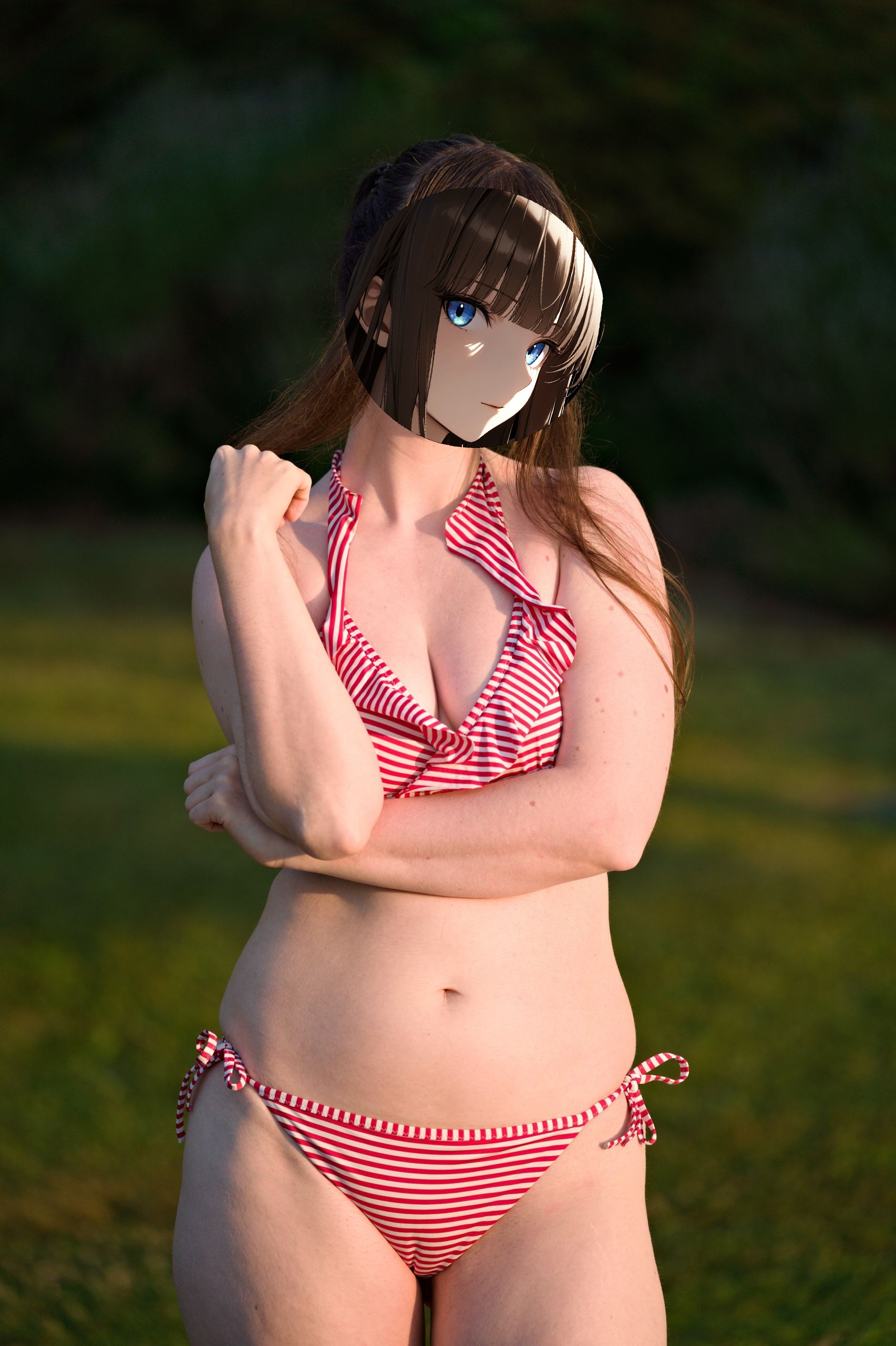Shizuka Kawa dressed in a red and white striped bikini. She stands with her arms crossed under her chest, showcasing her cleavage, stomach and belly button. The bikini bottom sits low on her hips. Outdoor grass and trees form the background.