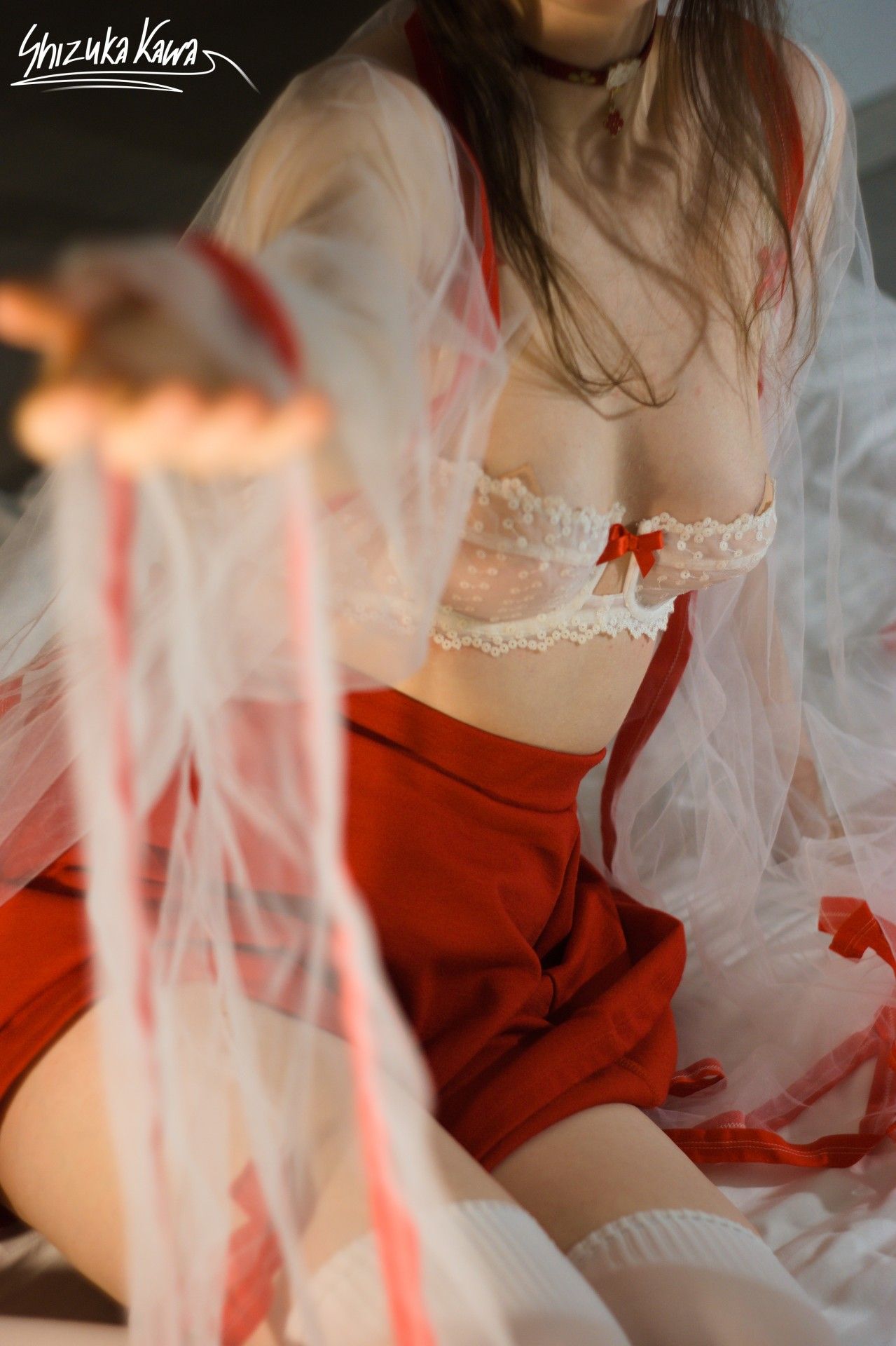 Miko Priestess in See-through Kimono, Red Miniskirt and White Lingerie with Foxy Ears and Tail image 1