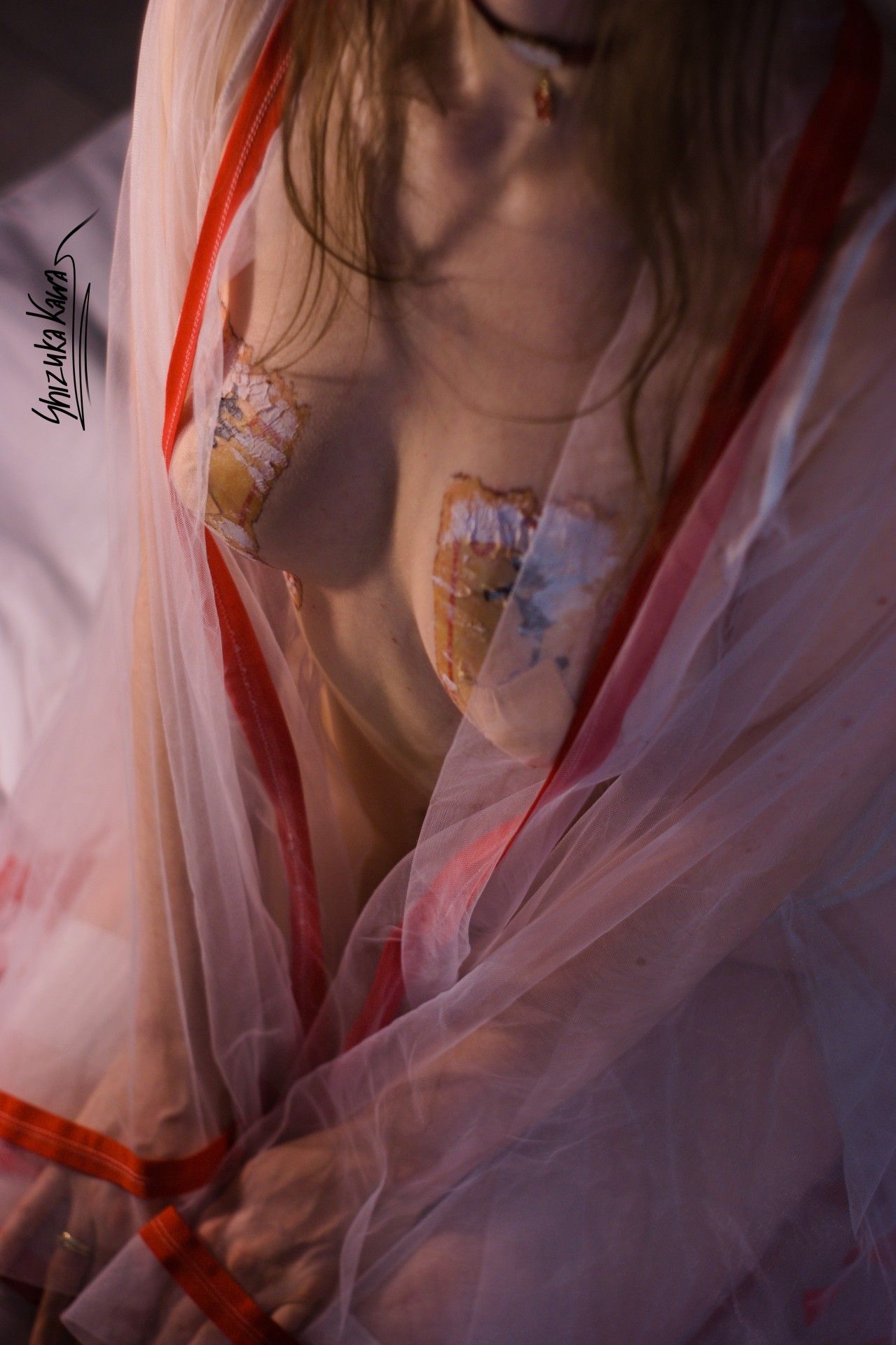 Miko Priestess in See-through Kimono, Red Miniskirt and White Lingerie with Foxy Ears and Tail image 14