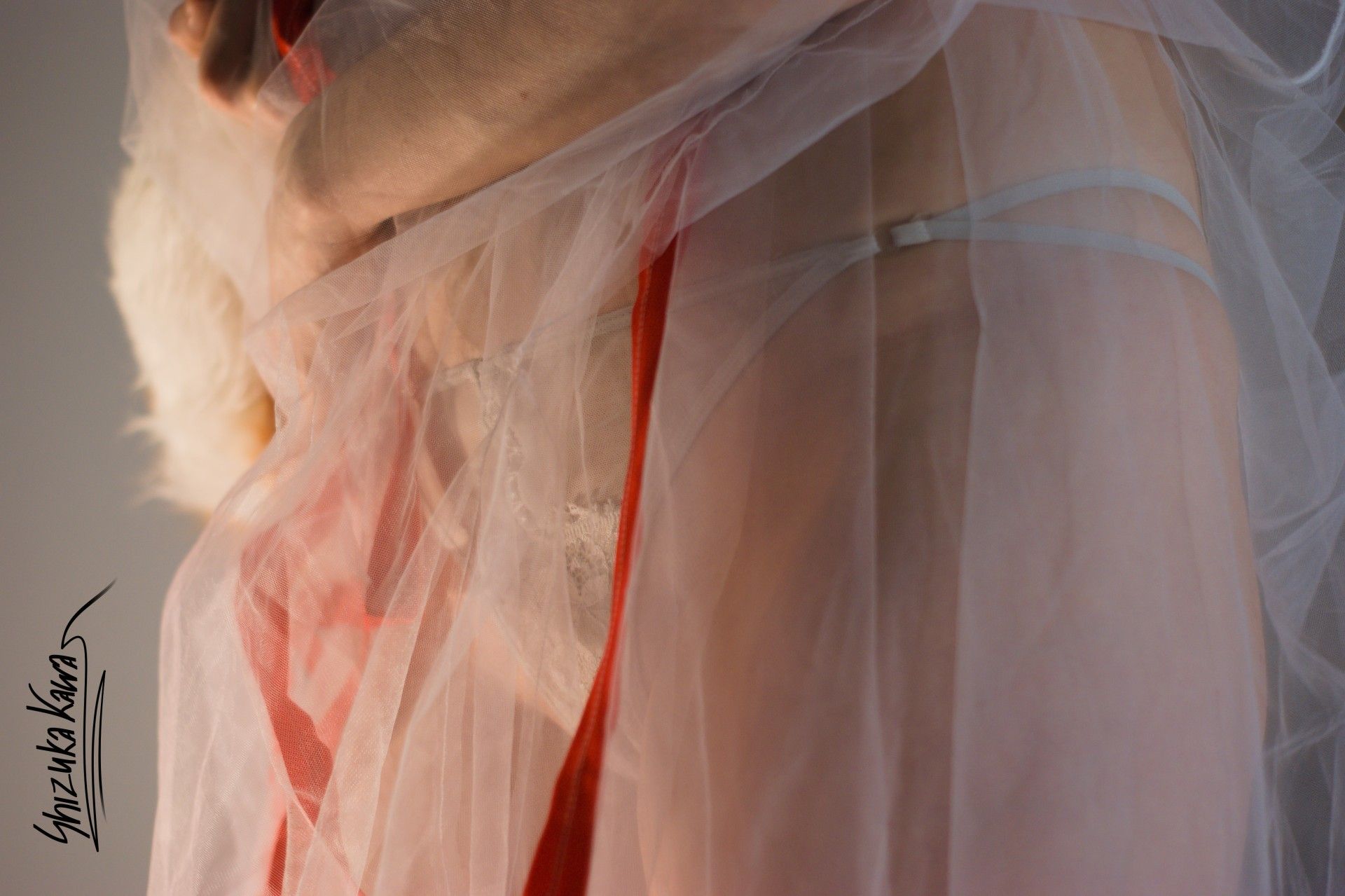 Miko Priestess in See-through Kimono, Red Miniskirt and White Lingerie with Foxy Ears and Tail image 17