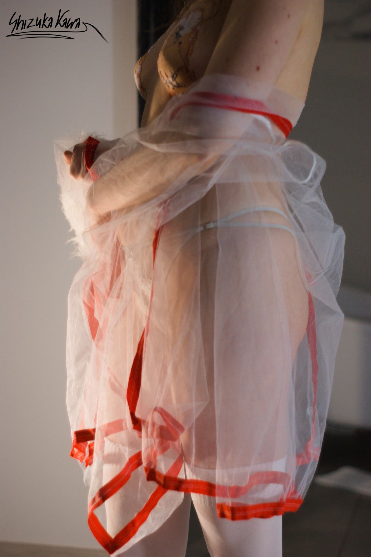 Miko Priestess in See-through Kimono, Red Miniskirt and White Lingerie with Foxy Ears and Tail image 18
