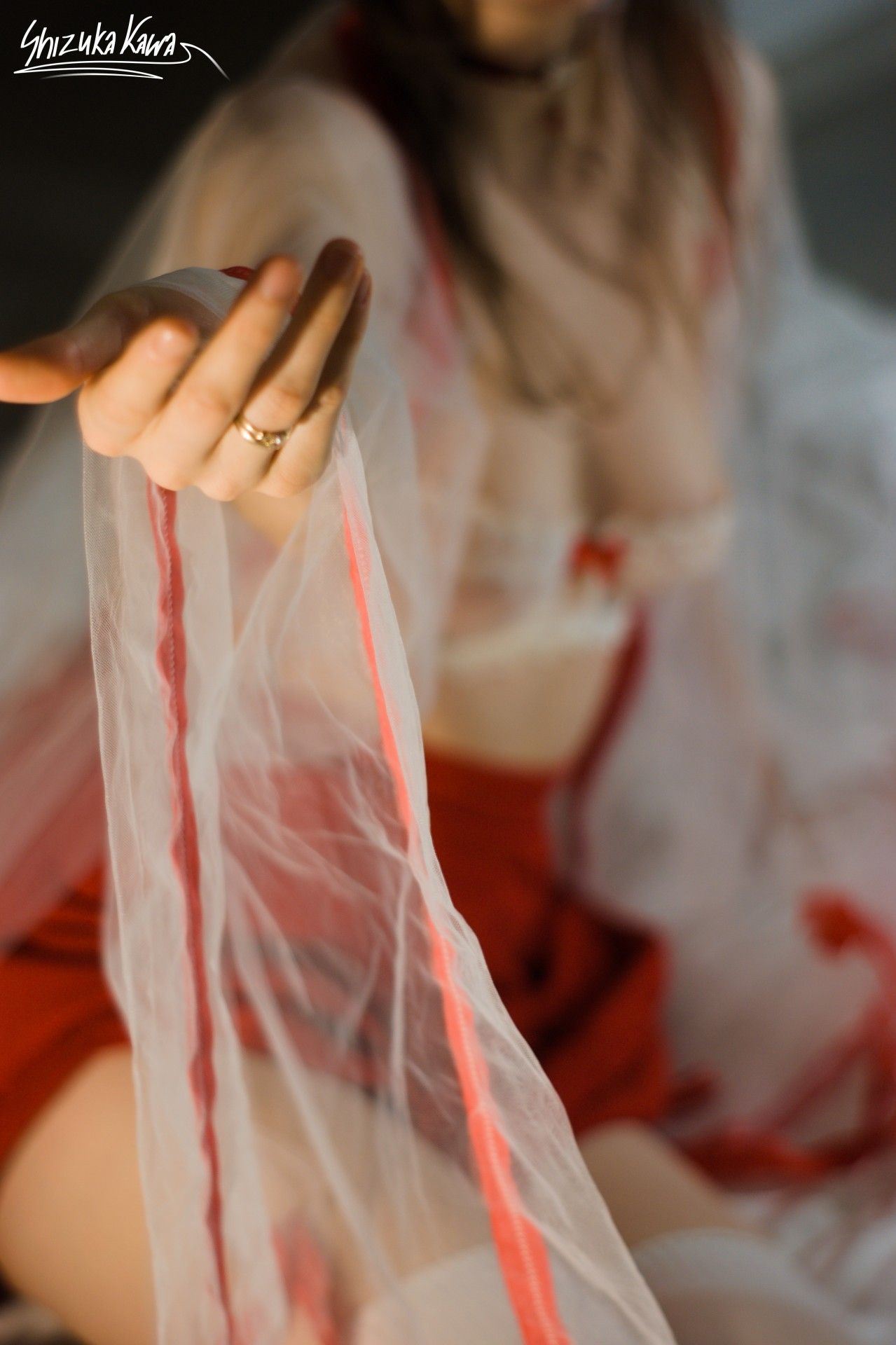 Miko Priestess in See-through Kimono, Red Miniskirt and White Lingerie with Foxy Ears and Tail image 2