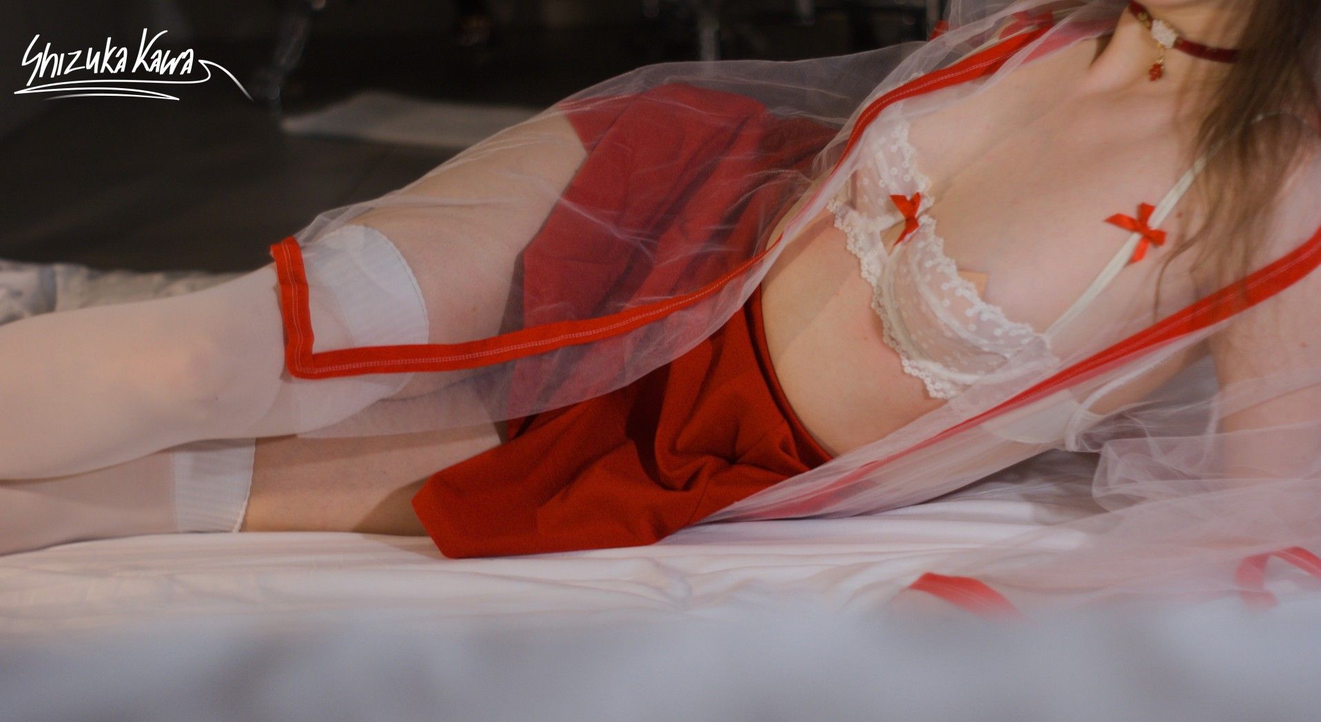 Miko Priestess in See-through Kimono, Red Miniskirt and White Lingerie with Foxy Ears and Tail image 6