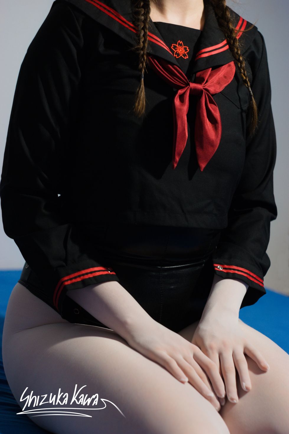 Black Schoolgirl Uniform and White Lace-trimmed Stockings image 6