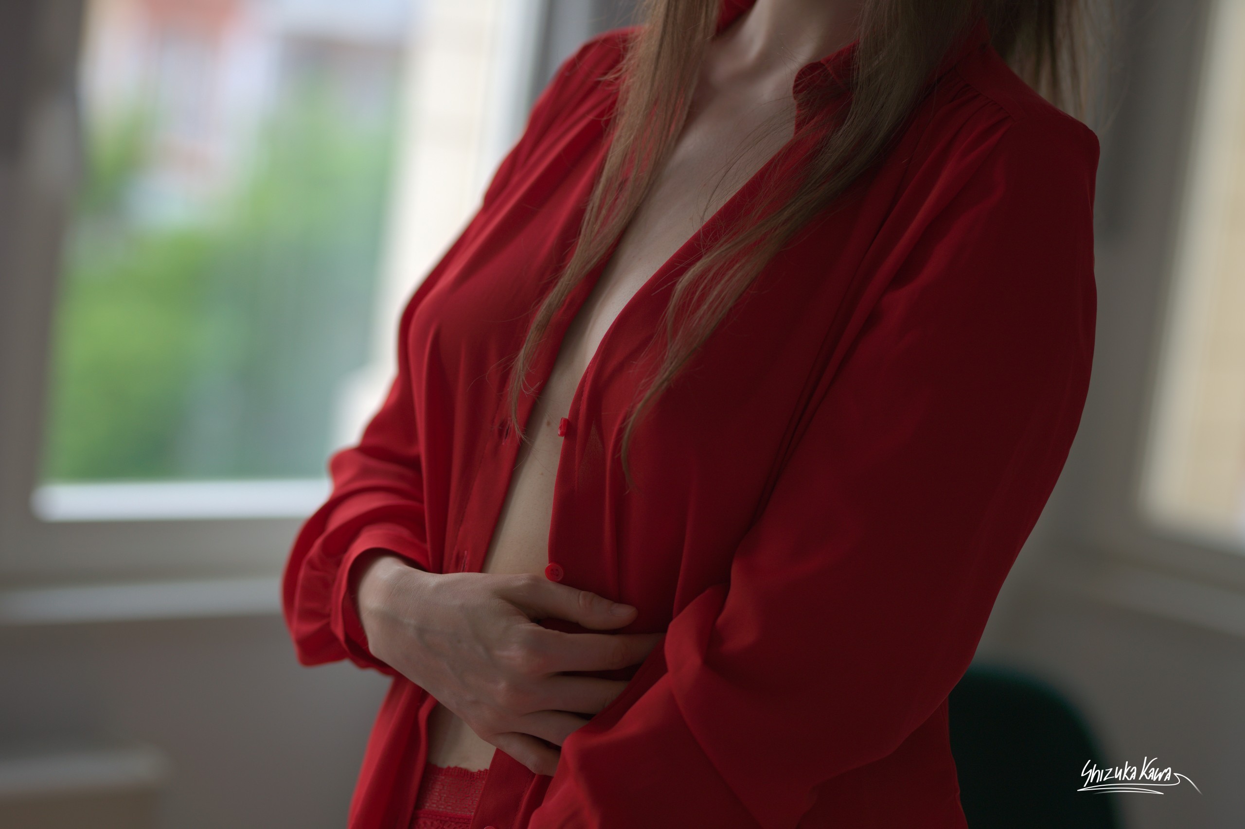Red Shirt, Lingerie and High Heels image 2