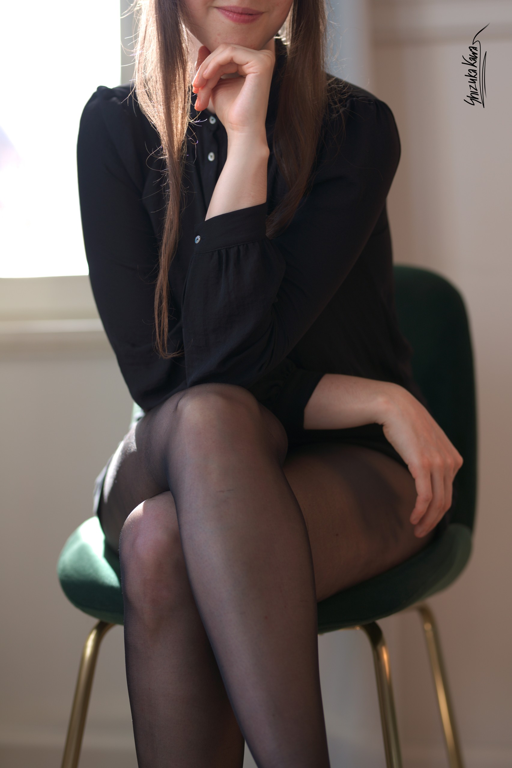 Black Button-up Shirt with Pencil Skirt and Pantyless Pantyhose image 25