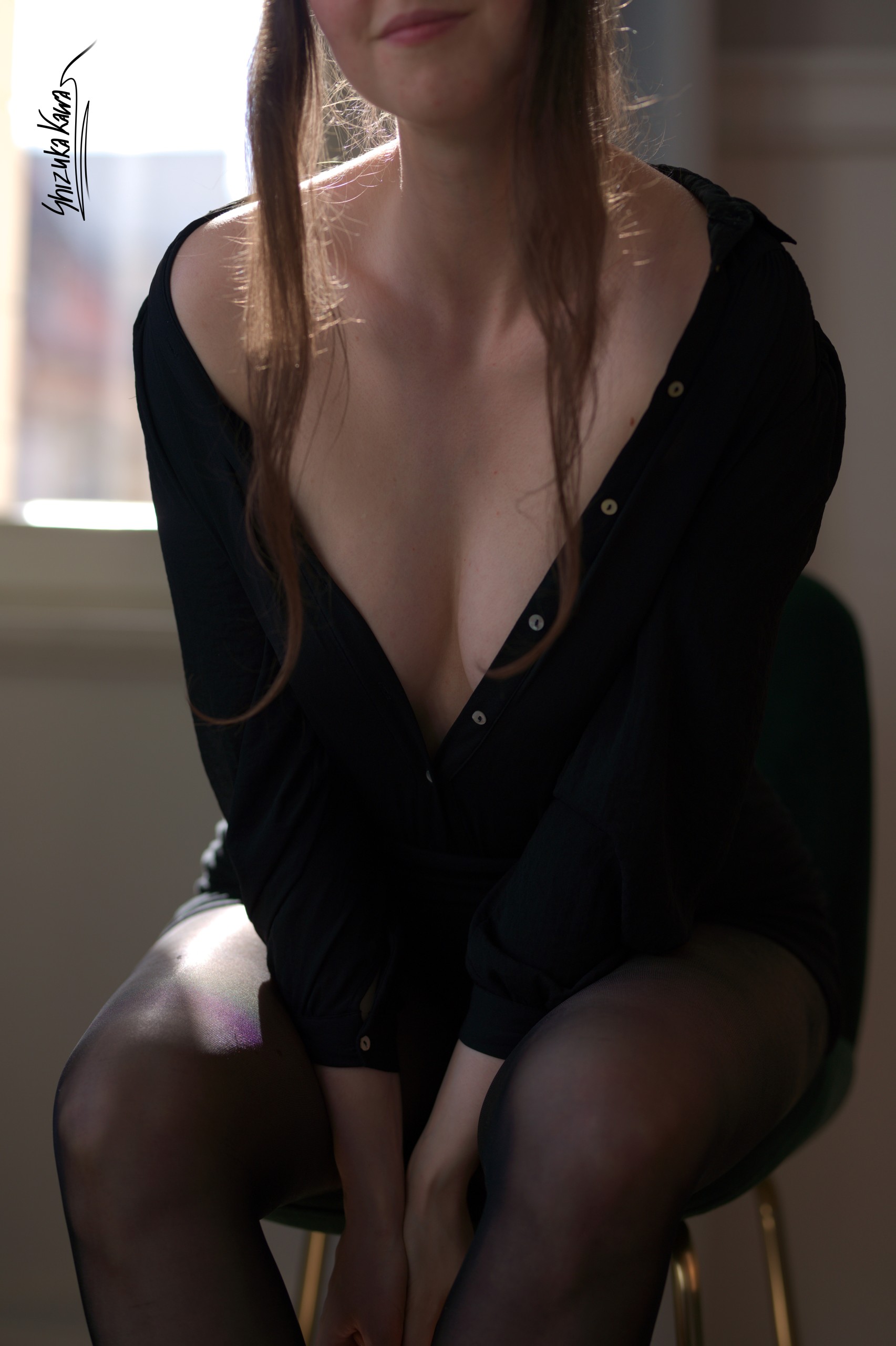 Black Button-up Shirt with Pencil Skirt and Pantyless Pantyhose image 30