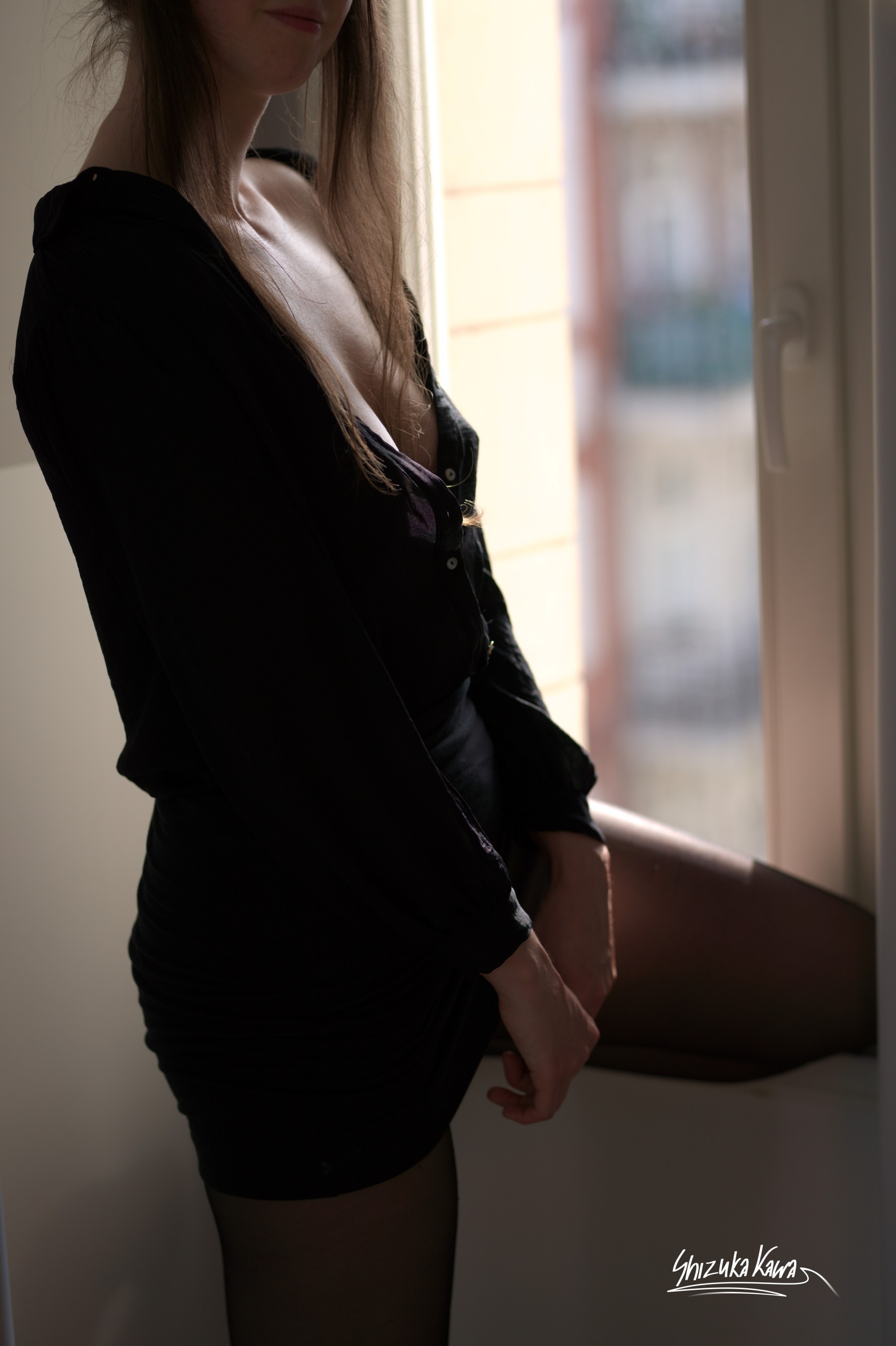 Black Button-up Shirt with Pencil Skirt and Pantyless Pantyhose image 34