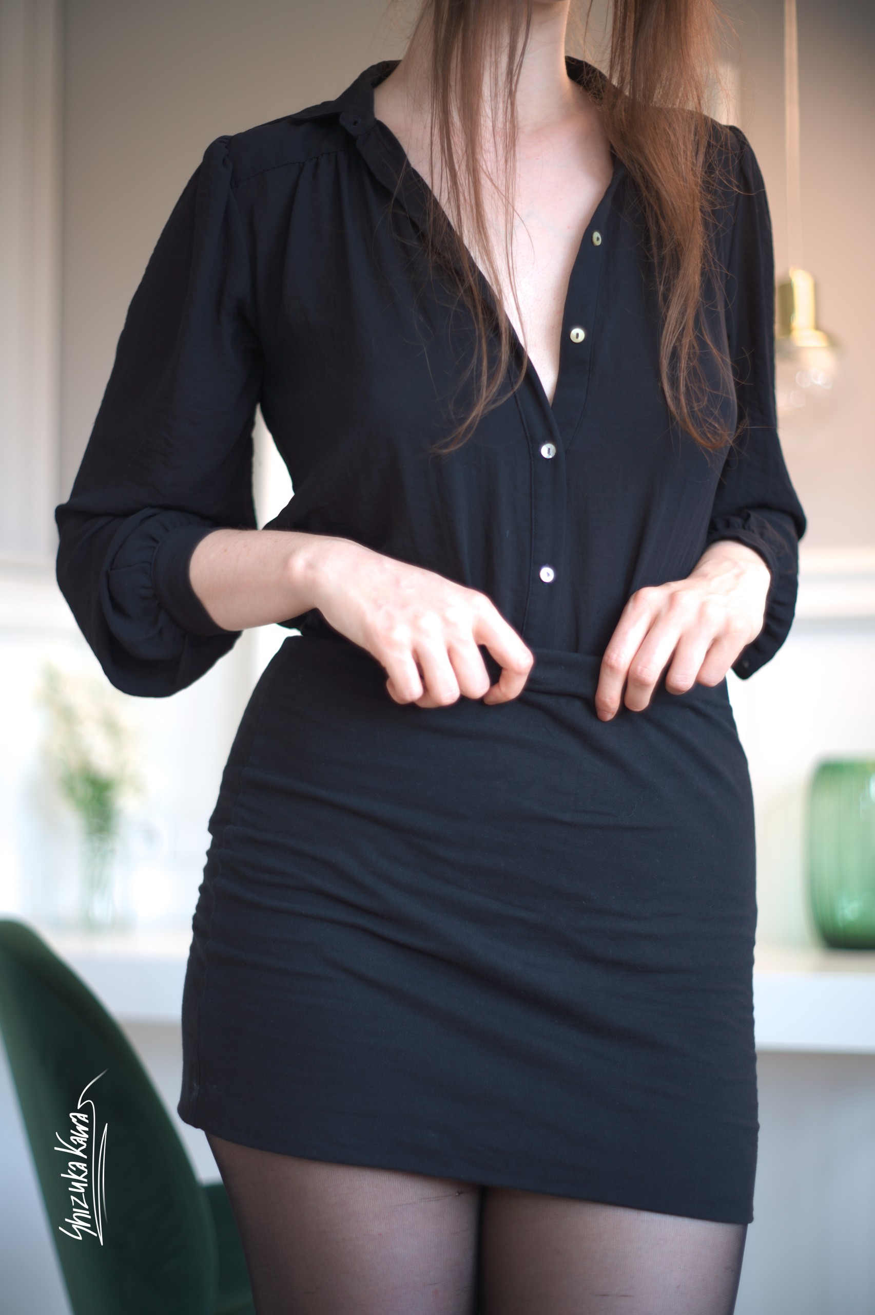 Black Button-up Shirt with Pencil Skirt and Pantyless Pantyhose image 37