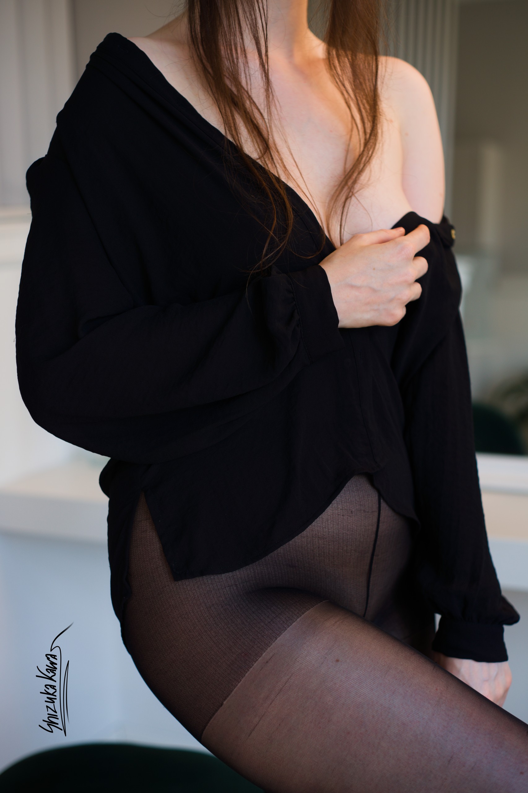 Black Button-up Shirt with Pencil Skirt and Pantyless Pantyhose image 43