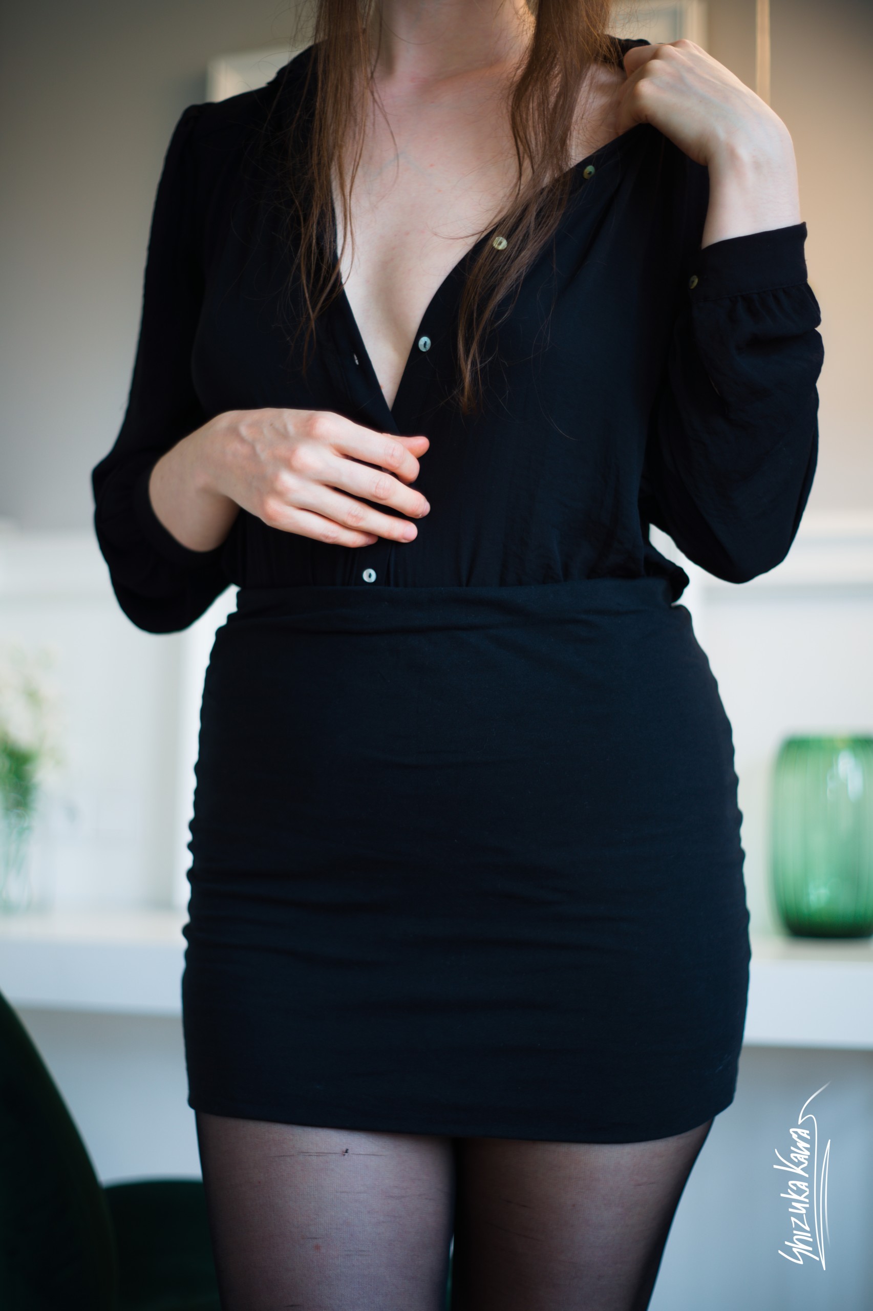 Black Button-up Shirt with Pencil Skirt and Pantyless Pantyhose image 5