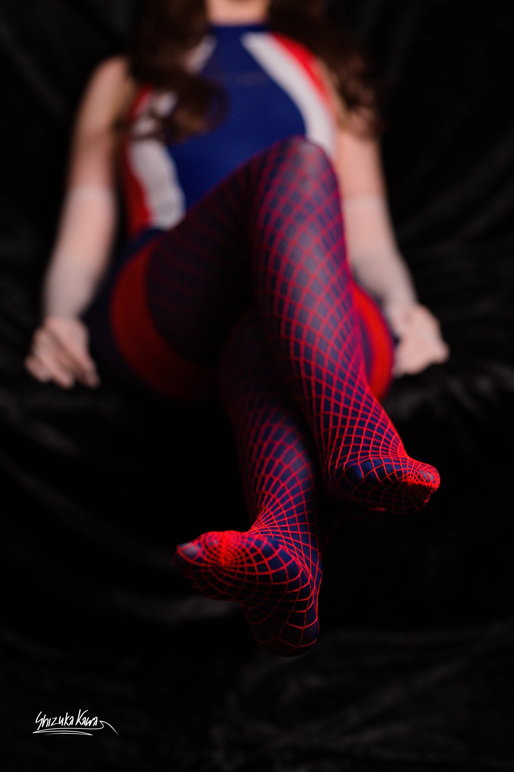 One Piece Competition Swimsuit with Blue Pantyhose, Red Fishnets and White Gloves image 1