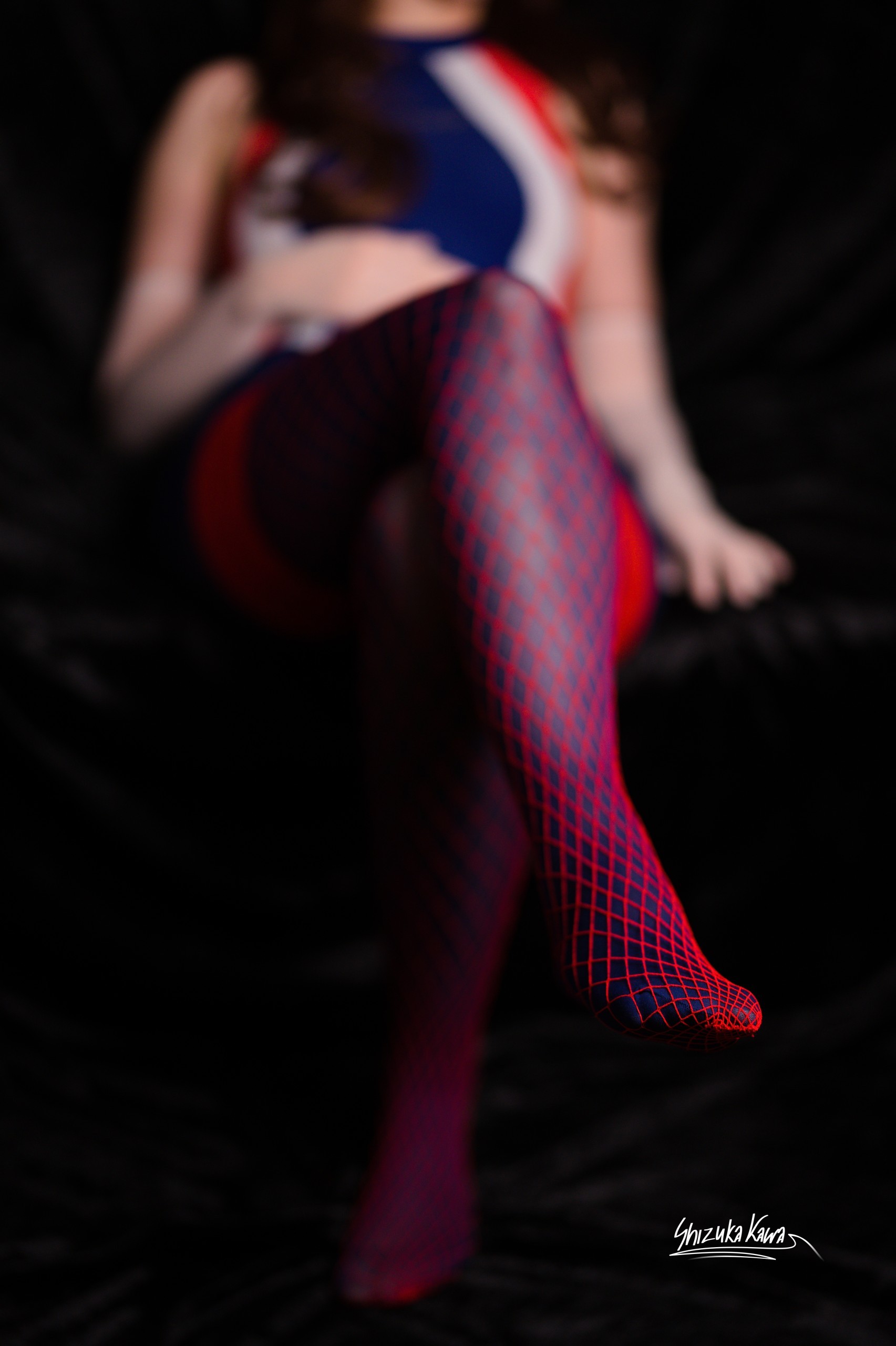 One Piece Competition Swimsuit with Blue Pantyhose, Red Fishnets and White Gloves image 9