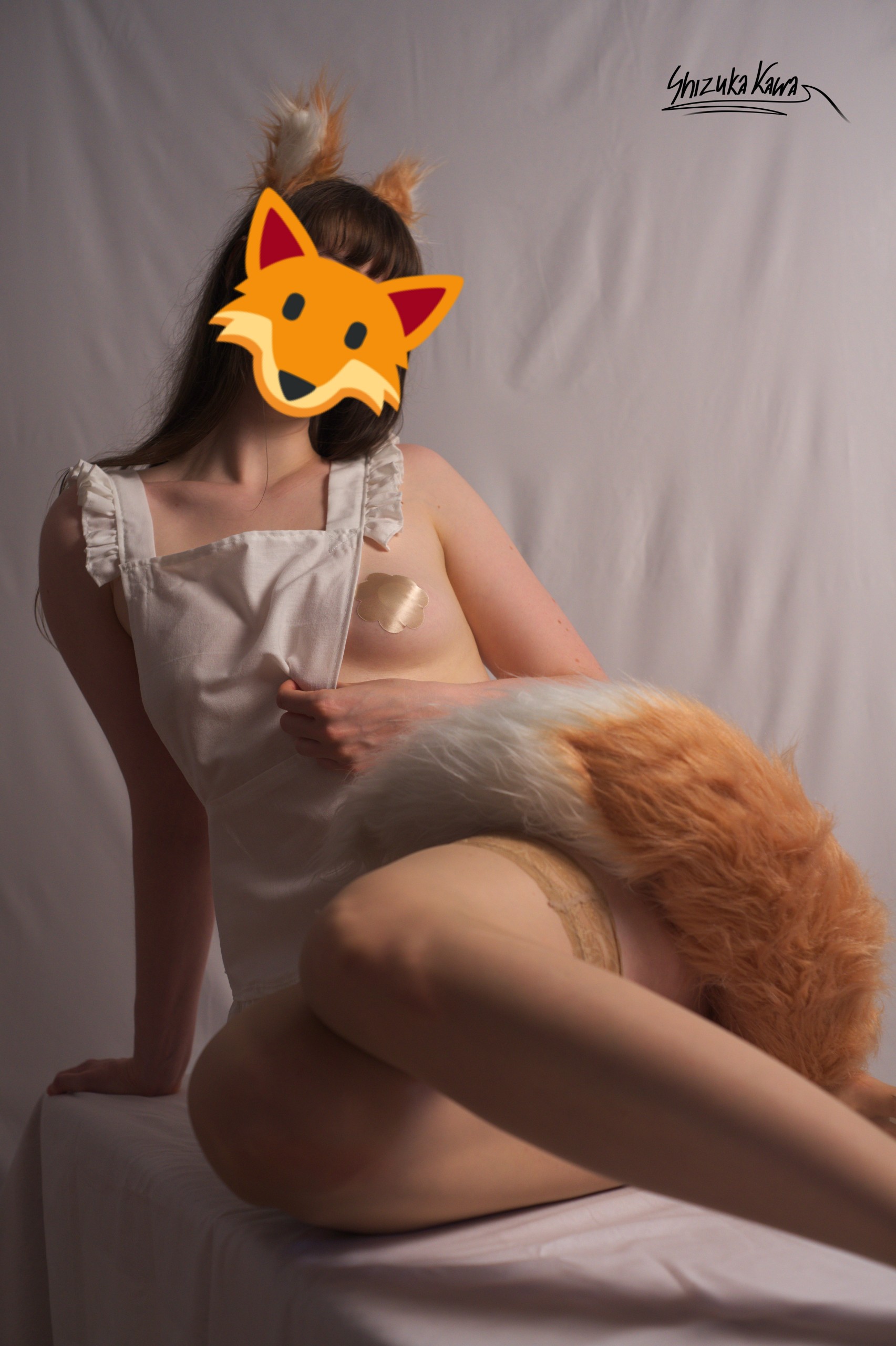 Foxgirl in Apron with Pasties and Beige Lace-Trimmed Stockings image 23