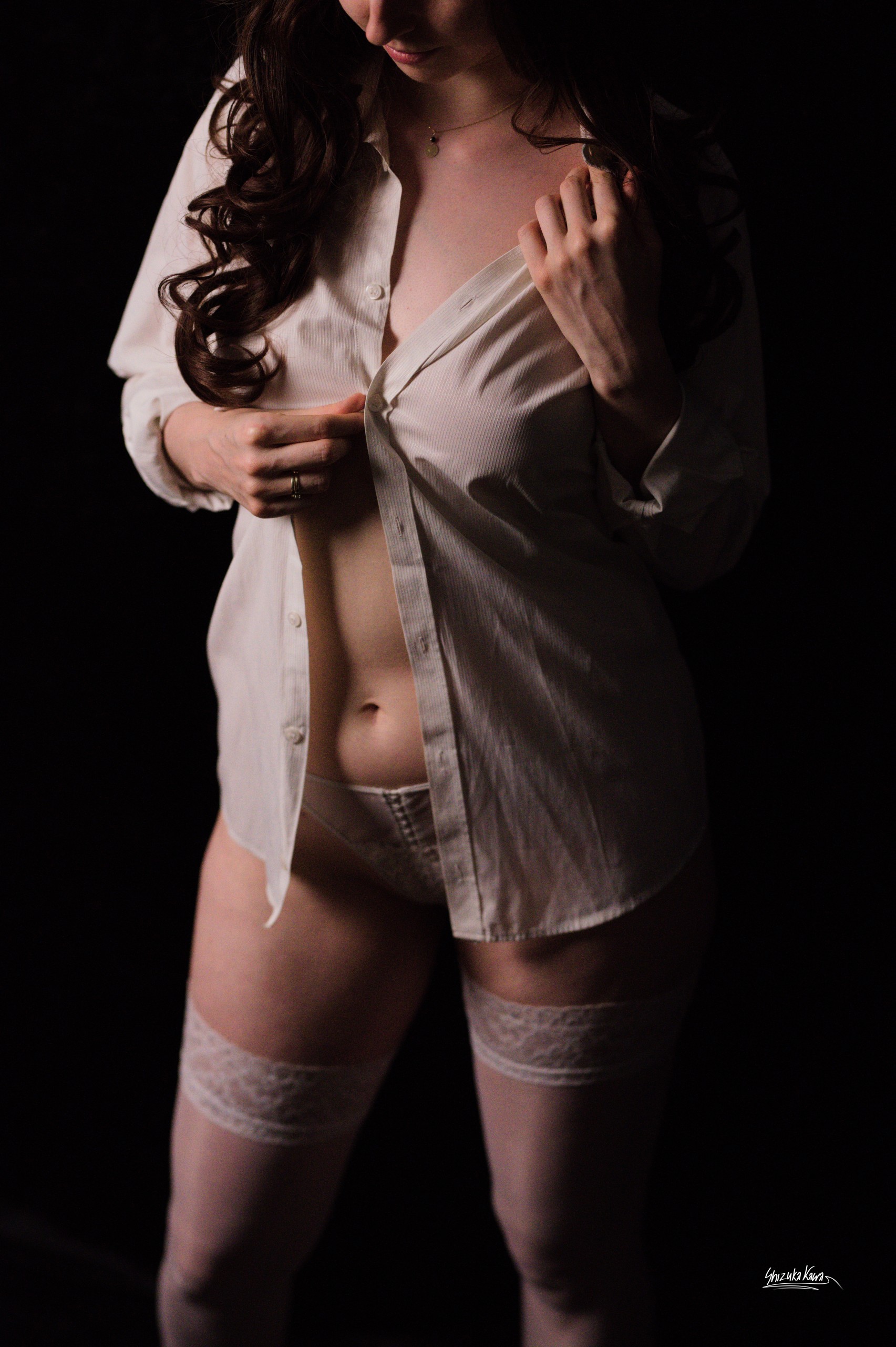 White Button-up Shirt with Thong and Lace-Trimmed Stockings image 5
