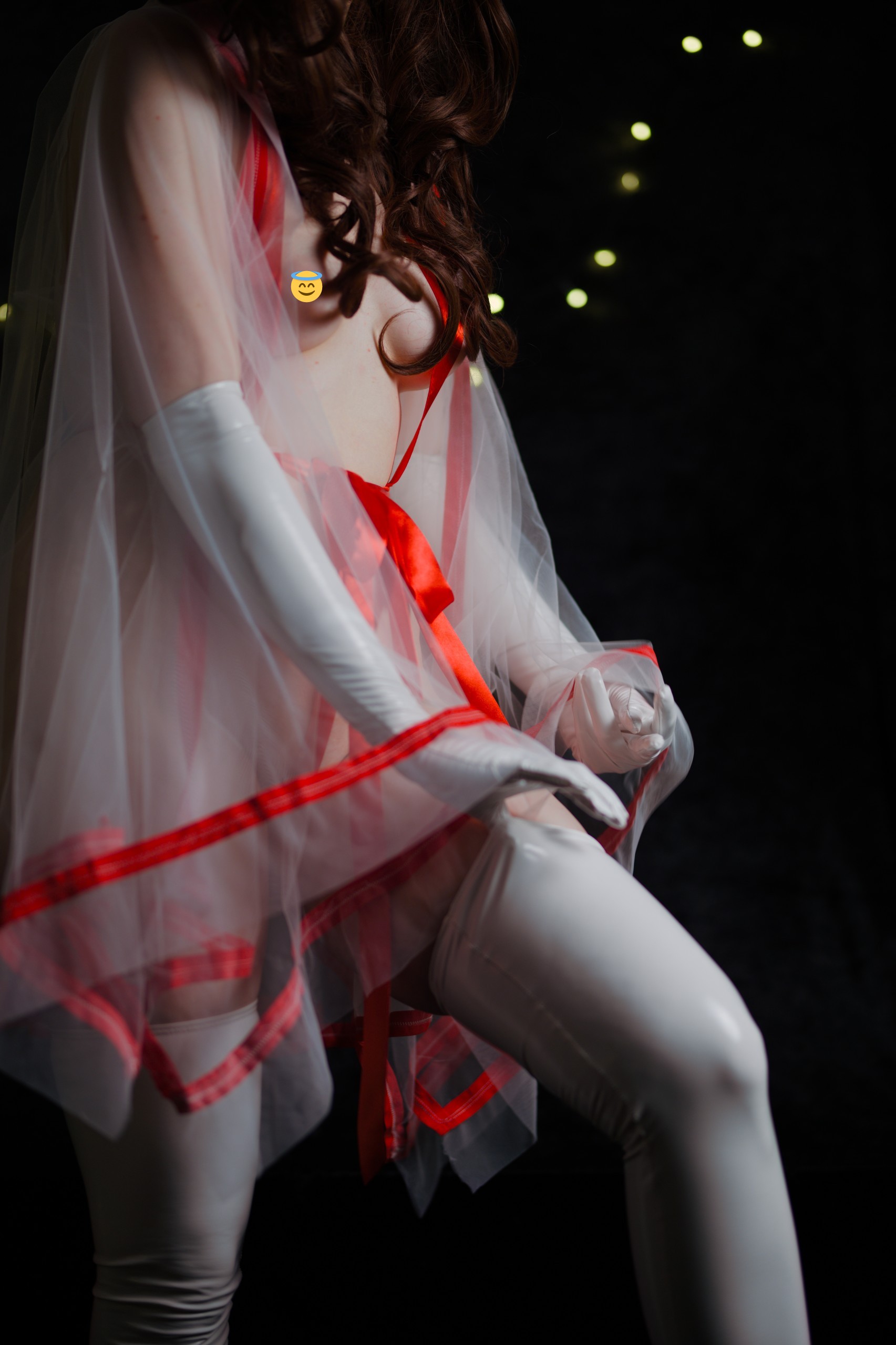 Miko Priestess in See-through Kimono and Red Ribbon image 2
