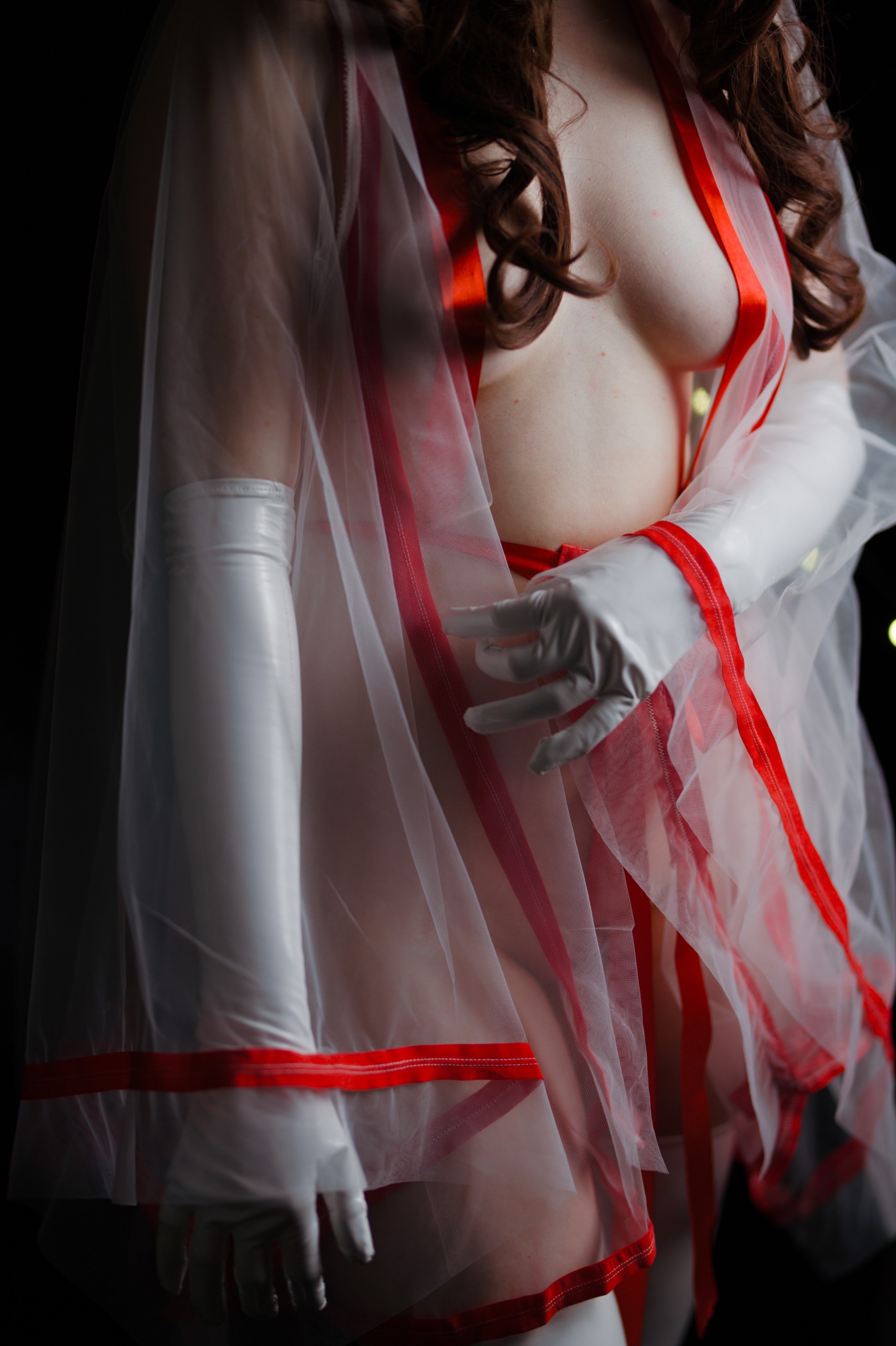 Miko Priestess in See-through Kimono and Red Ribbon image 4