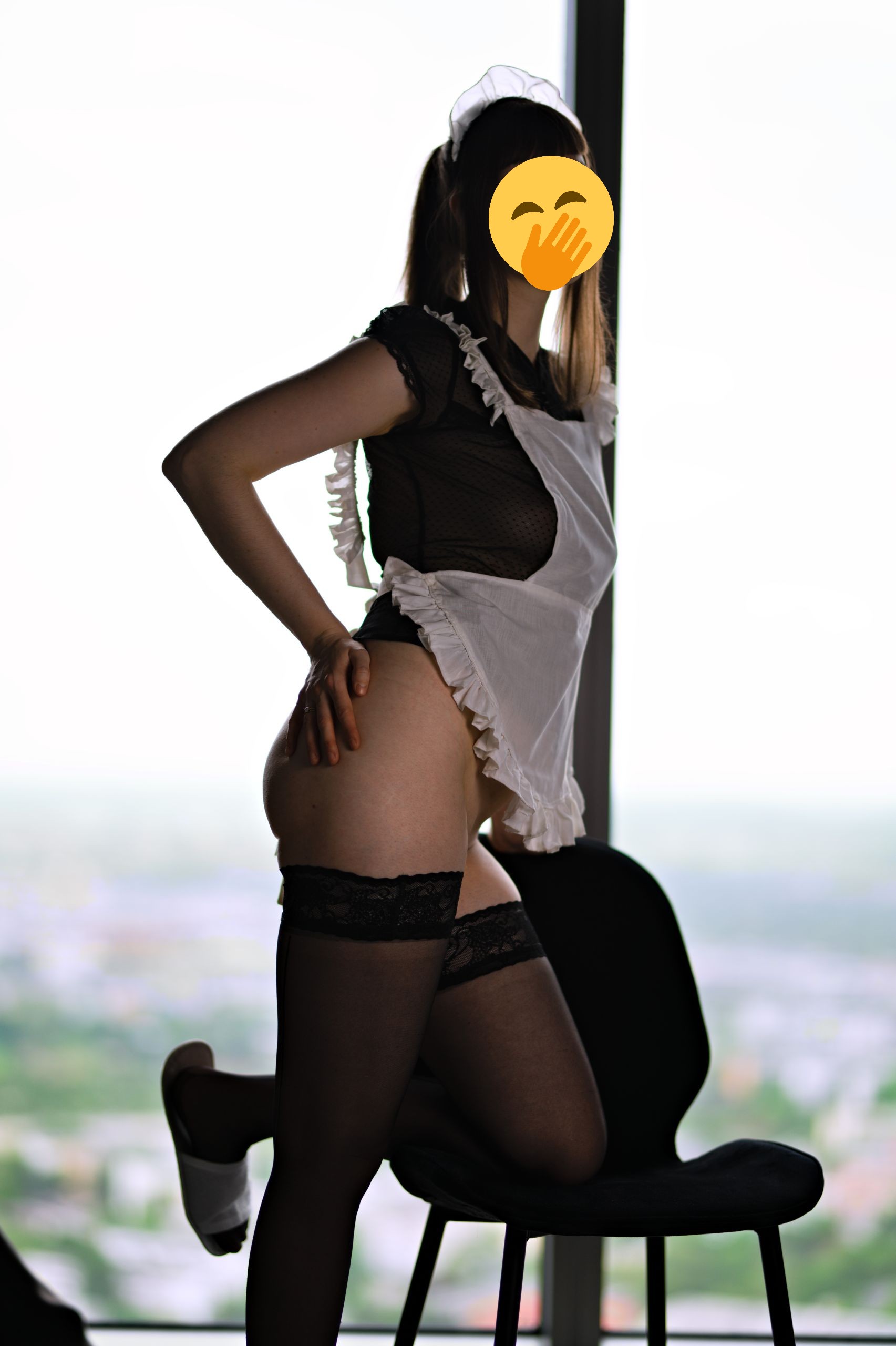 Maid in Black See-through Shirt, Apron and Lace-trimmed Stockings image 5