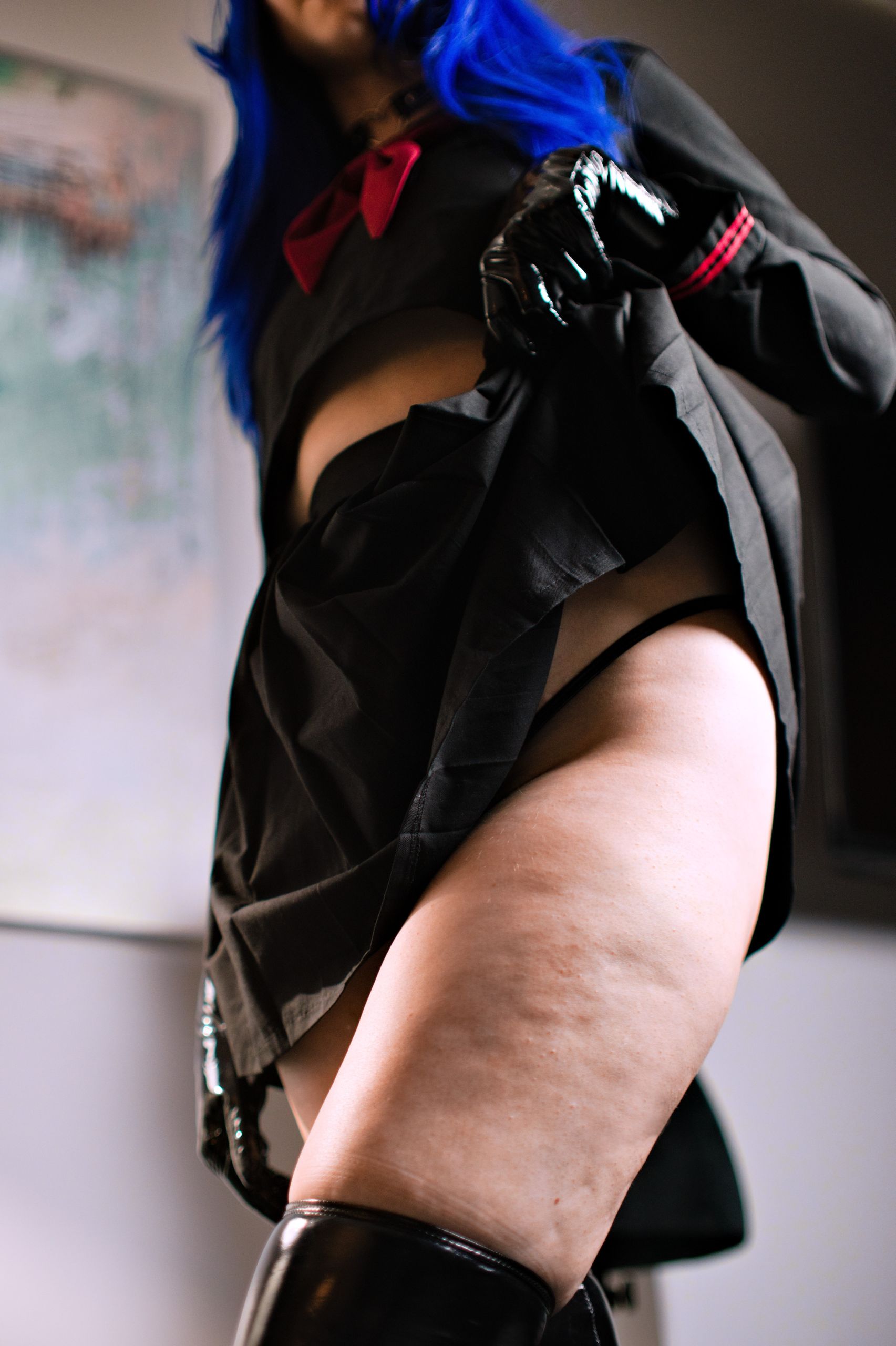 Schoolgirl in Sailor Uniform with Black Latex Micro Bikini, Gloves and Stockings image 3