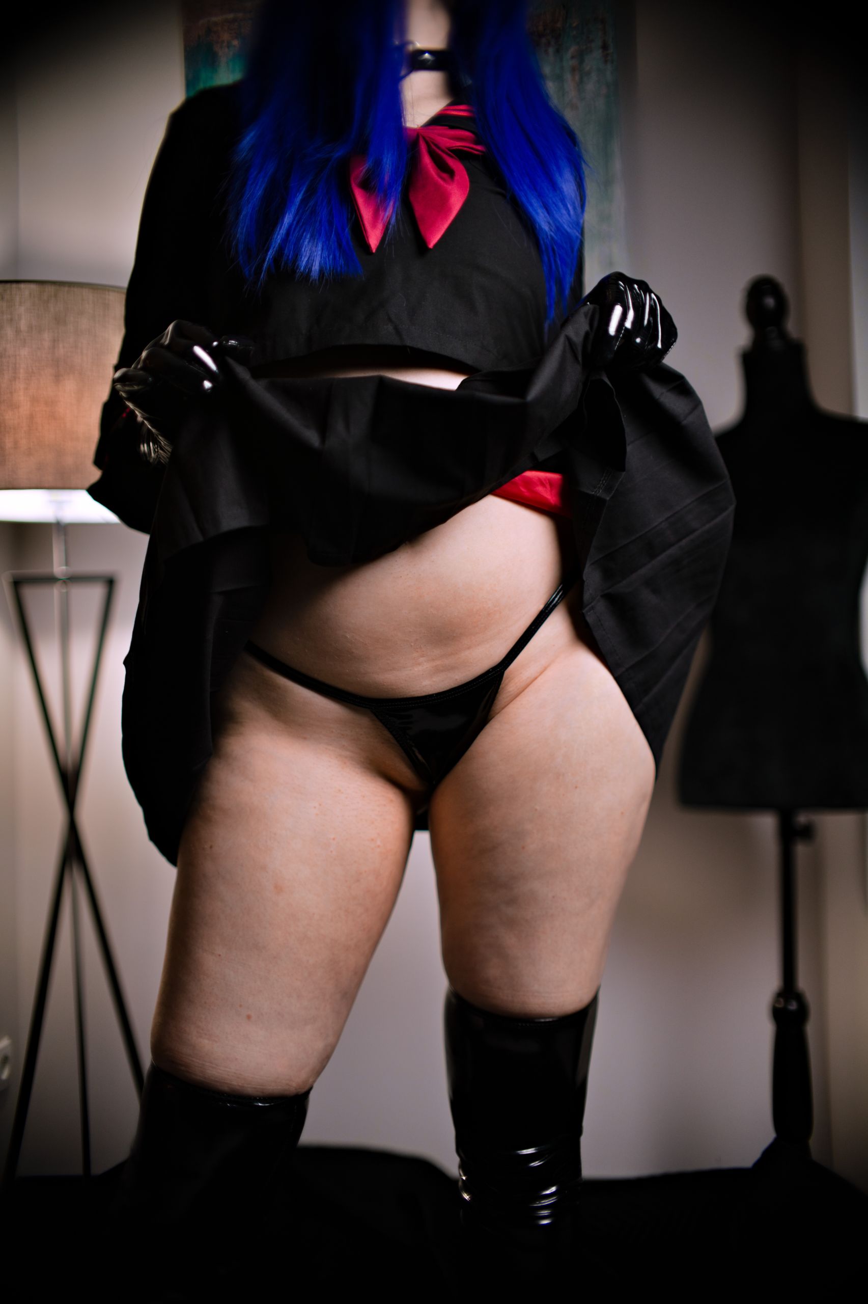 Schoolgirl in Sailor Uniform with Black Latex Micro Bikini, Gloves and Stockings image 4