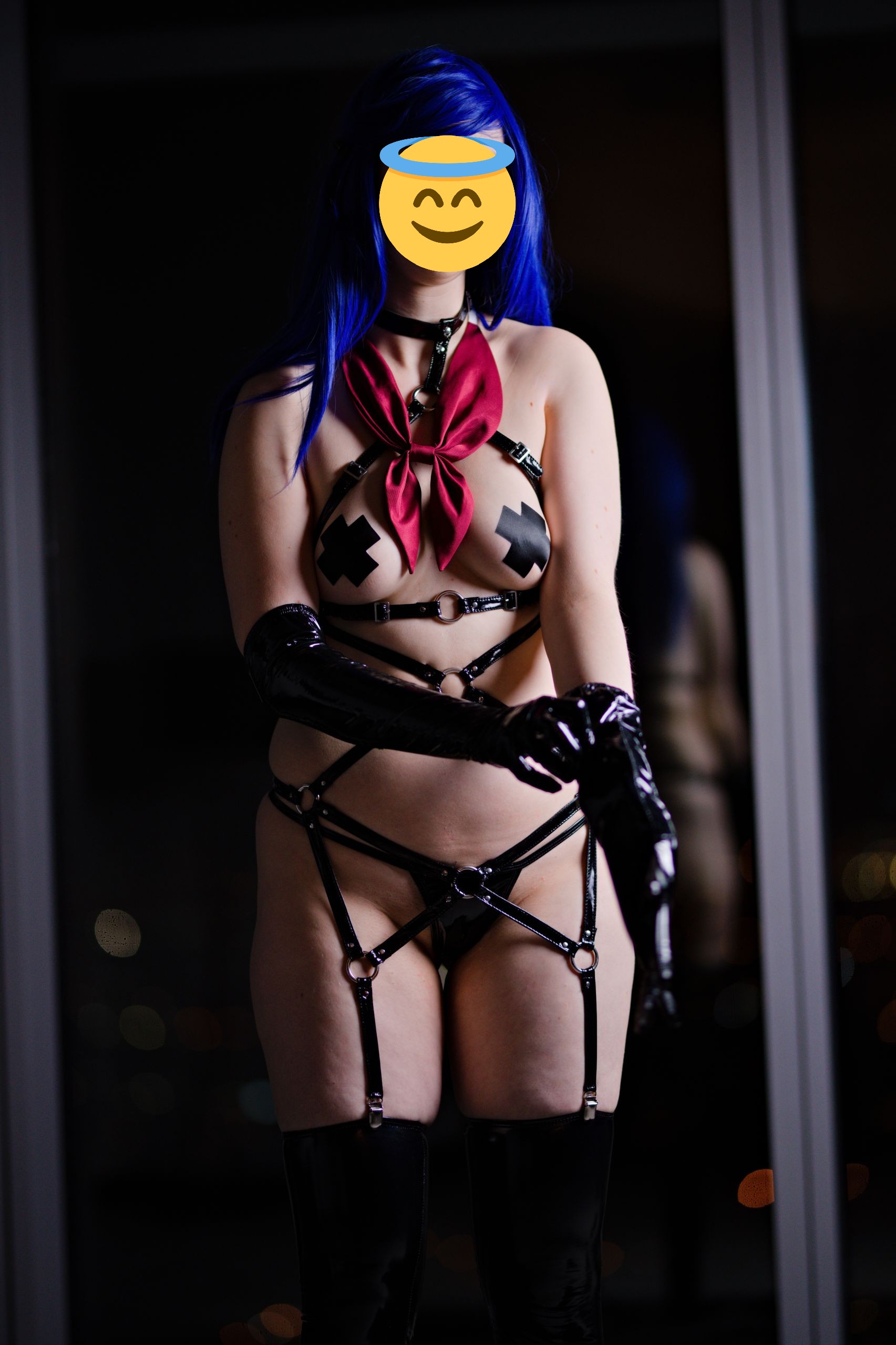 Schoolgirl in Black Latex Harness, Micro Bikini, Gloves and Stockings image 1