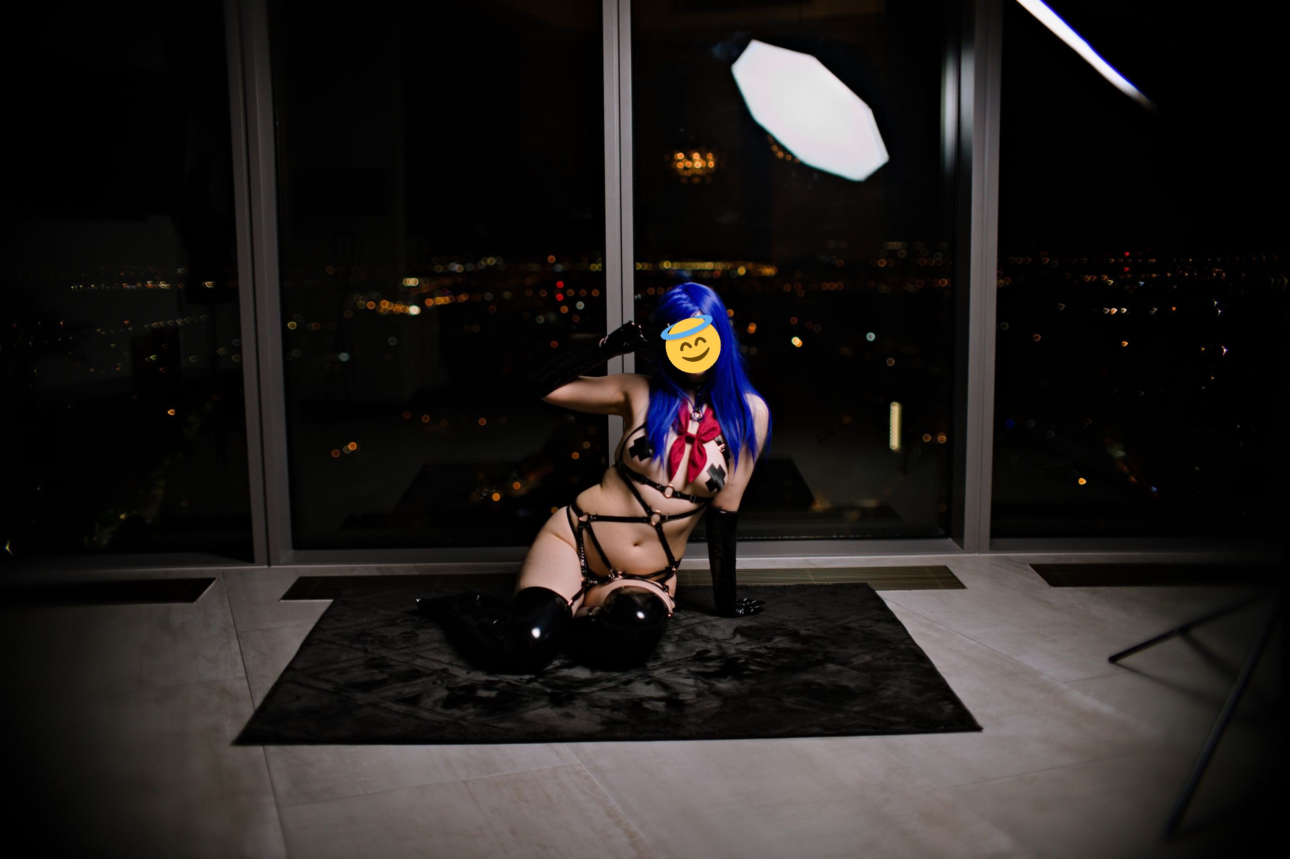 Schoolgirl in Black Latex Harness, Micro Bikini, Gloves and Stockings image 11