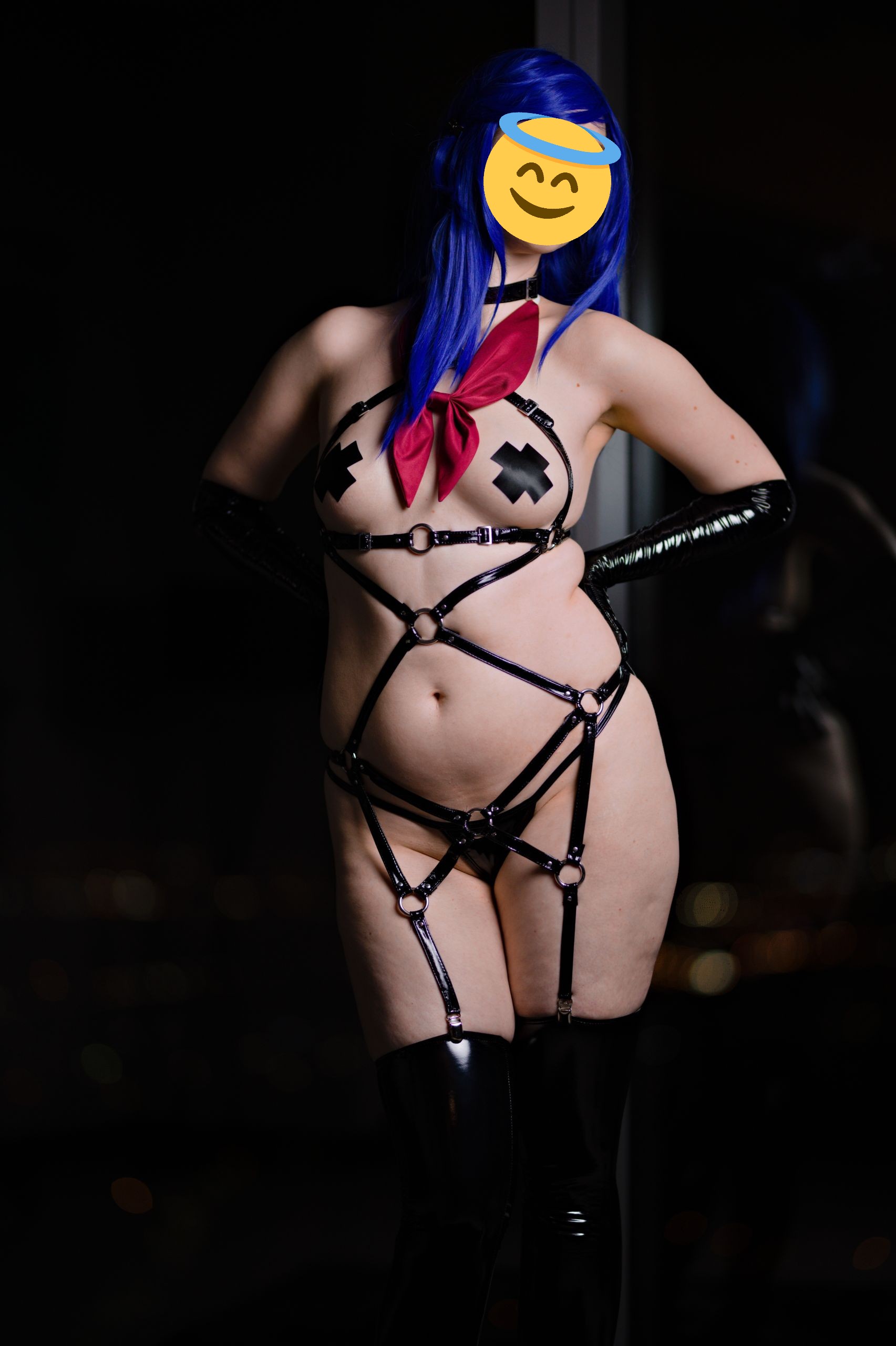 Schoolgirl in Black Latex Harness, Micro Bikini, Gloves and Stockings image 6