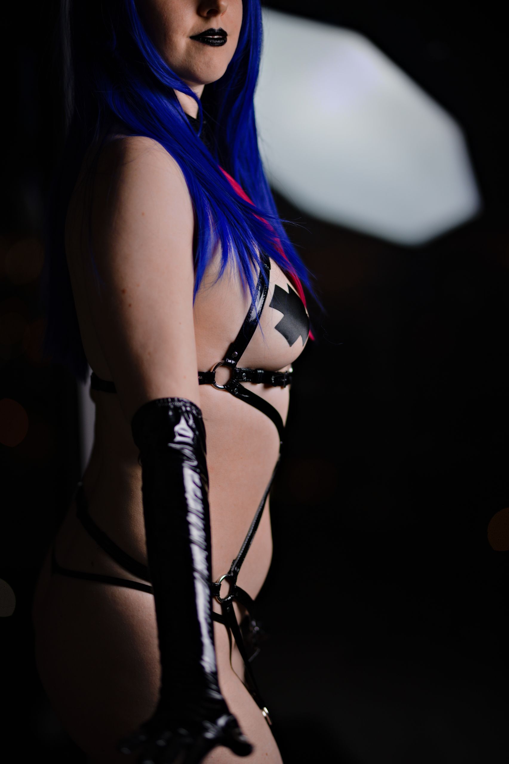 Schoolgirl in Black Latex Harness, Micro Bikini, Gloves and Stockings image 7